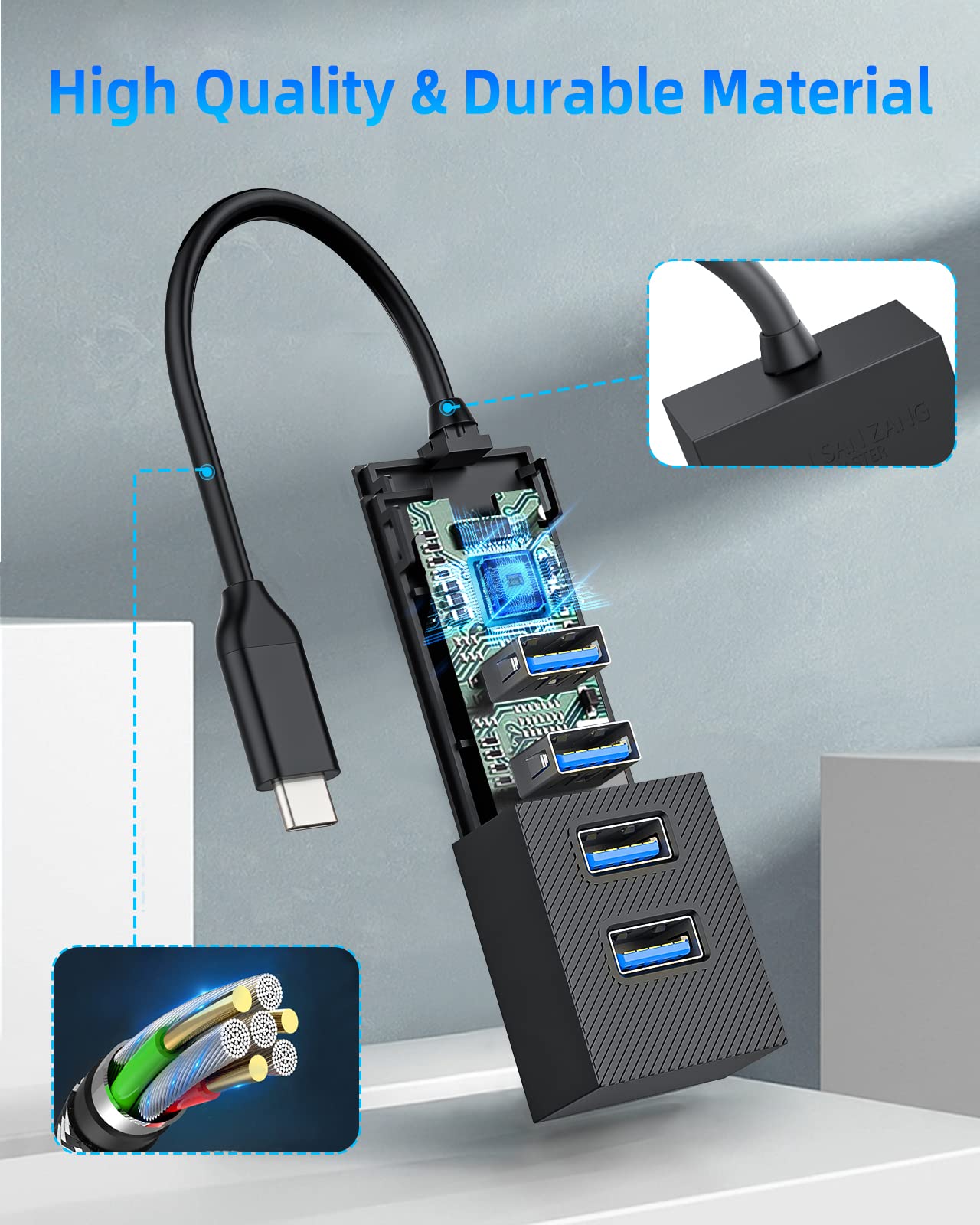 SAN ZANG MASTER 4-Port USB 3.0 Hub with USB-C Adapter - 5Gbps High-Speed Data Transfer, USB C Splitter & Port Expander for MacBook, Laptop, PC - Perfect for Office, Home & Travel Use