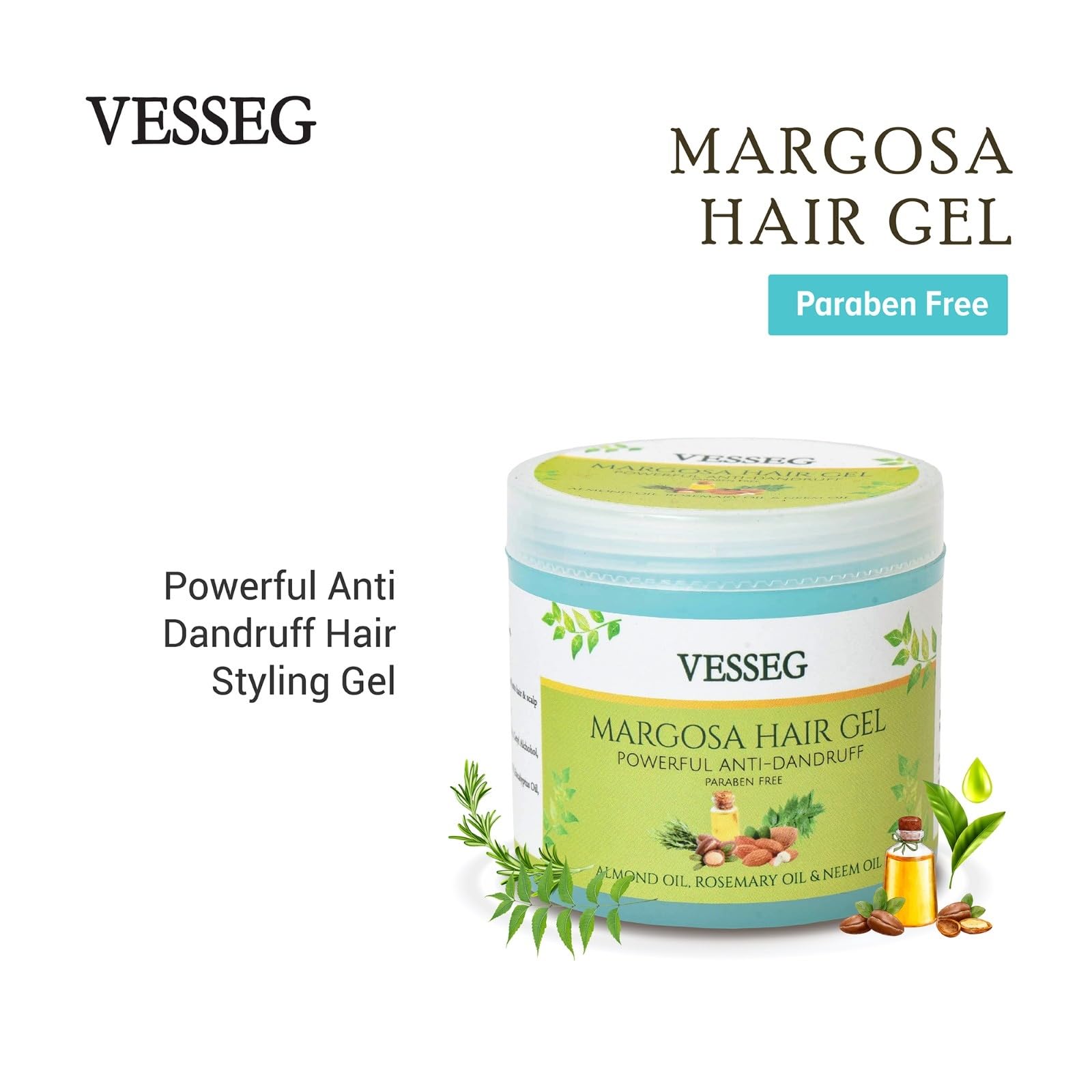 VESSEG Margosa Hair Gel - Anti Dandruff Styling Gel with Almond, Rosemary & Neem Oil | Paraben Free (100g) | Perfect for Daily Hair Care & Styling for Men & Women