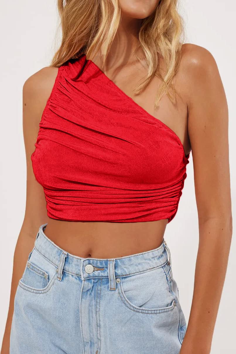 CHYRII Women's Sexy Sparkly One Shoulder Crop Top Sleeveless Ruched Tank Top for Party Clubwear & Night Out Outfits