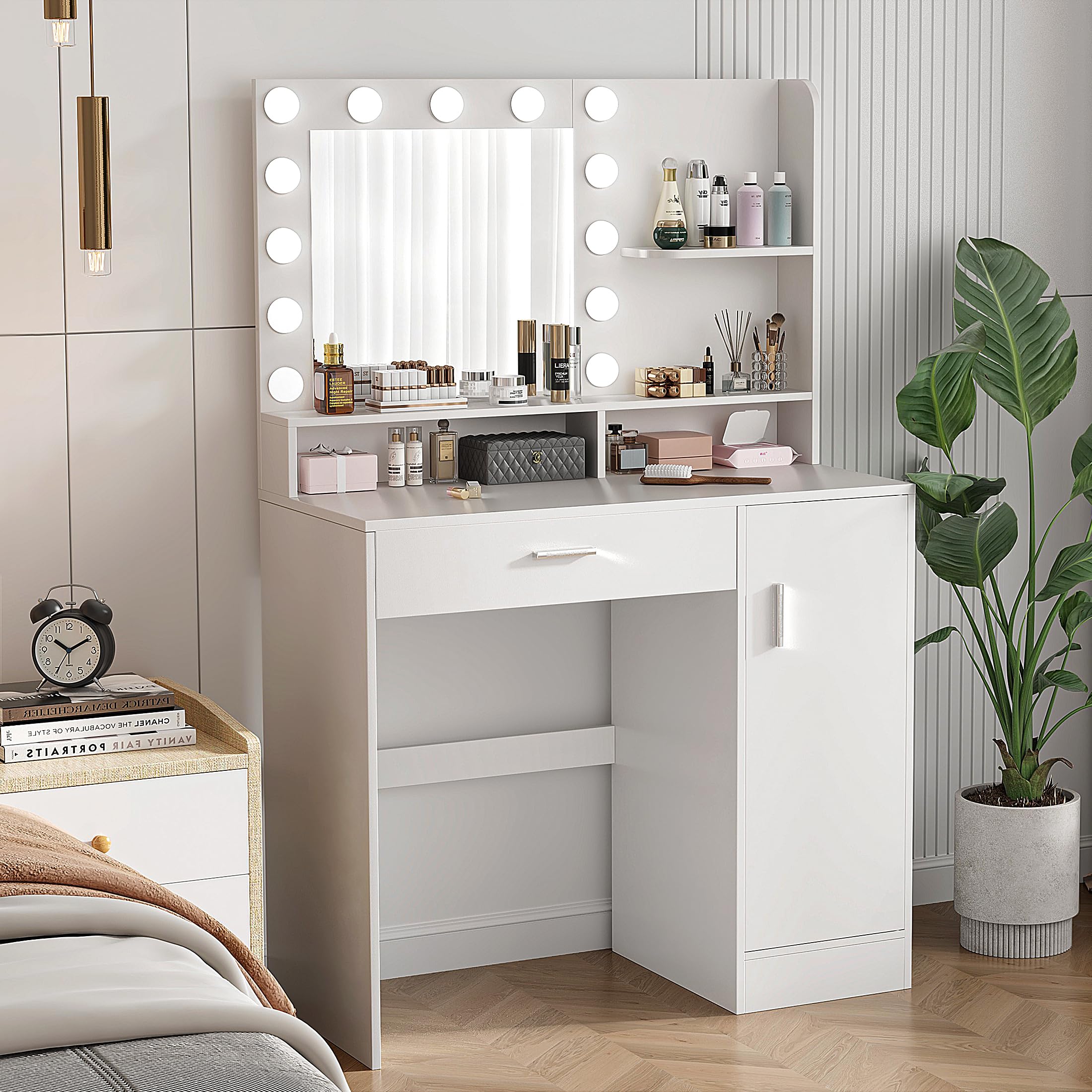 Vanity Desk with Mirror & LED Lights - White Makeup Dressing Table with Storage Drawers & Cabinet, 3 Lighting Modes & 10 Brightness Levels - Perfect for Bedroom, Dressing Room & Home Salon (Ideal for Makeup Application, Skincare Routine & Beauty Organization)