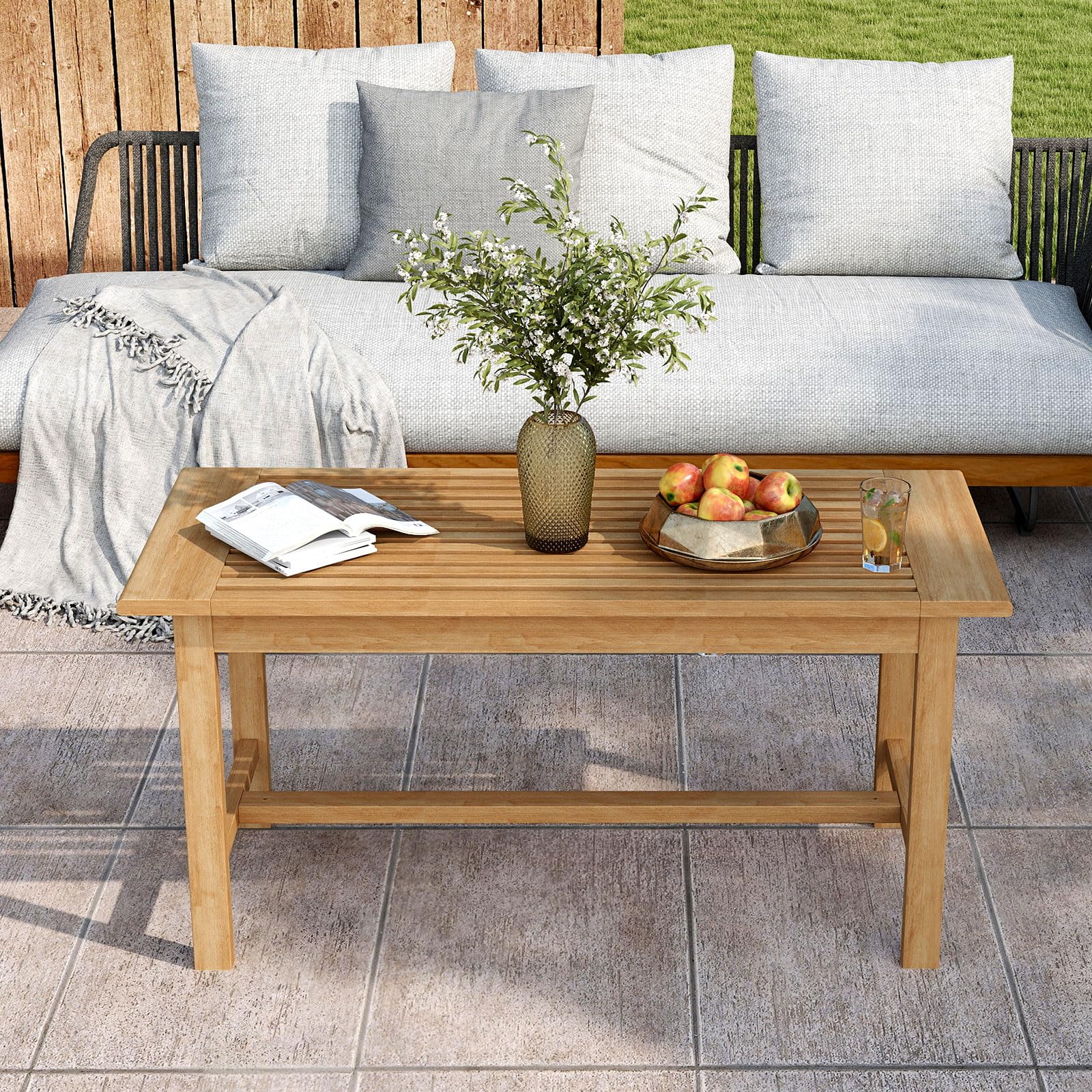 Tangkula 36 Inch Solid Teak Wood Outdoor Coffee Table - Rustic Rectangular Patio Table with Slatted Tabletop - Durable Cocktail & Side Table for Poolside, Backyard, Garden, Deck & Patio Furniture