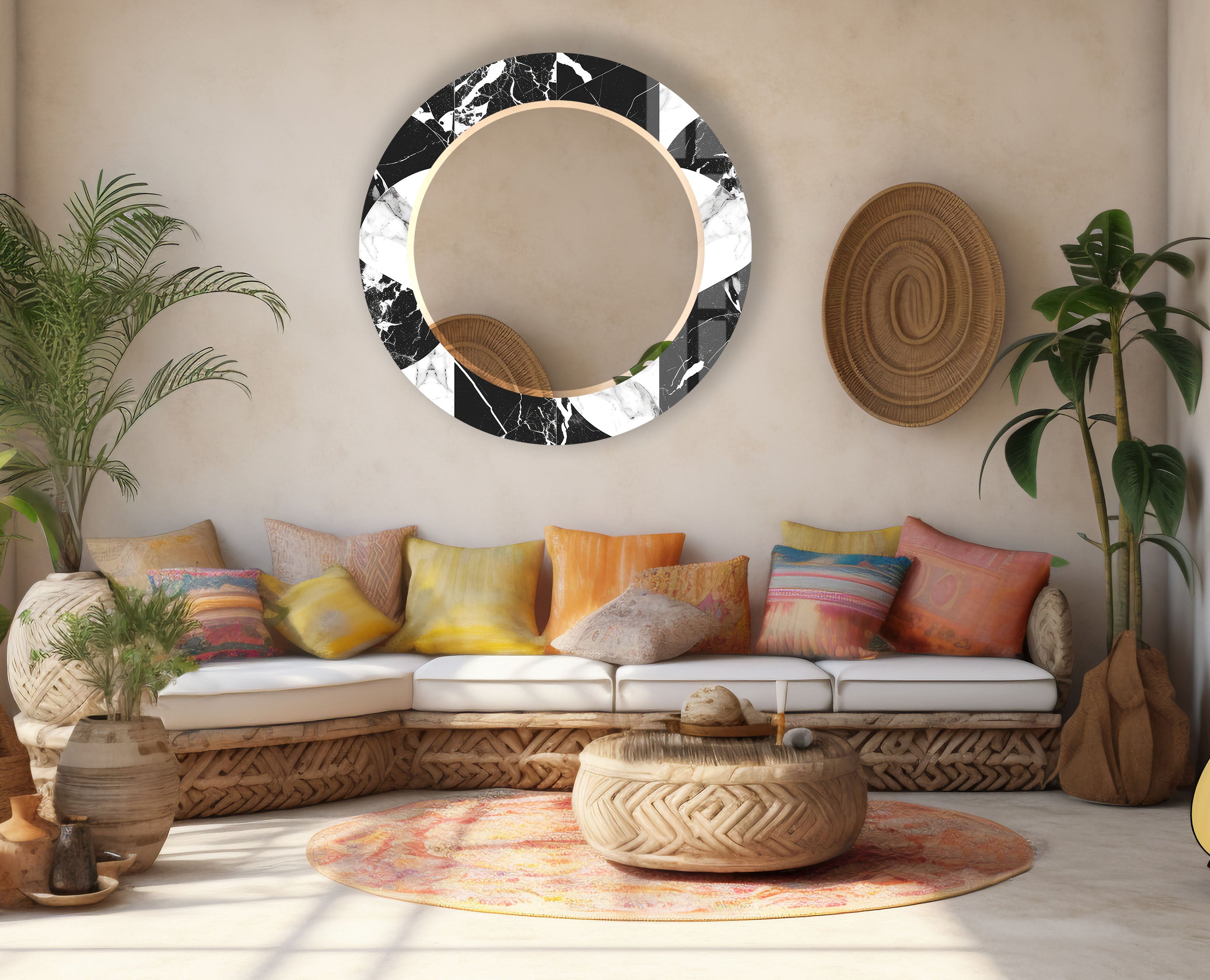 Black & White Marble Round Mirror - Modern Elegant Wall Decor for Living Room, Bedroom & Bathroom | Stylish Home Accent for Contemporary Interiors