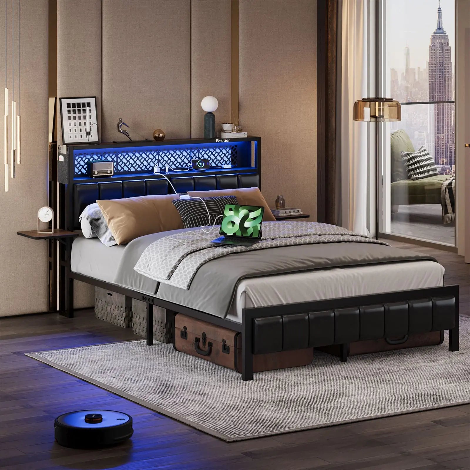 Bestier King/Queen/Full Size Bed Frame with USB Charging Station - Sturdy Metal Platform Bed with Headboard & LED Lights - Perfect for Modern Bedrooms & Guest Rooms