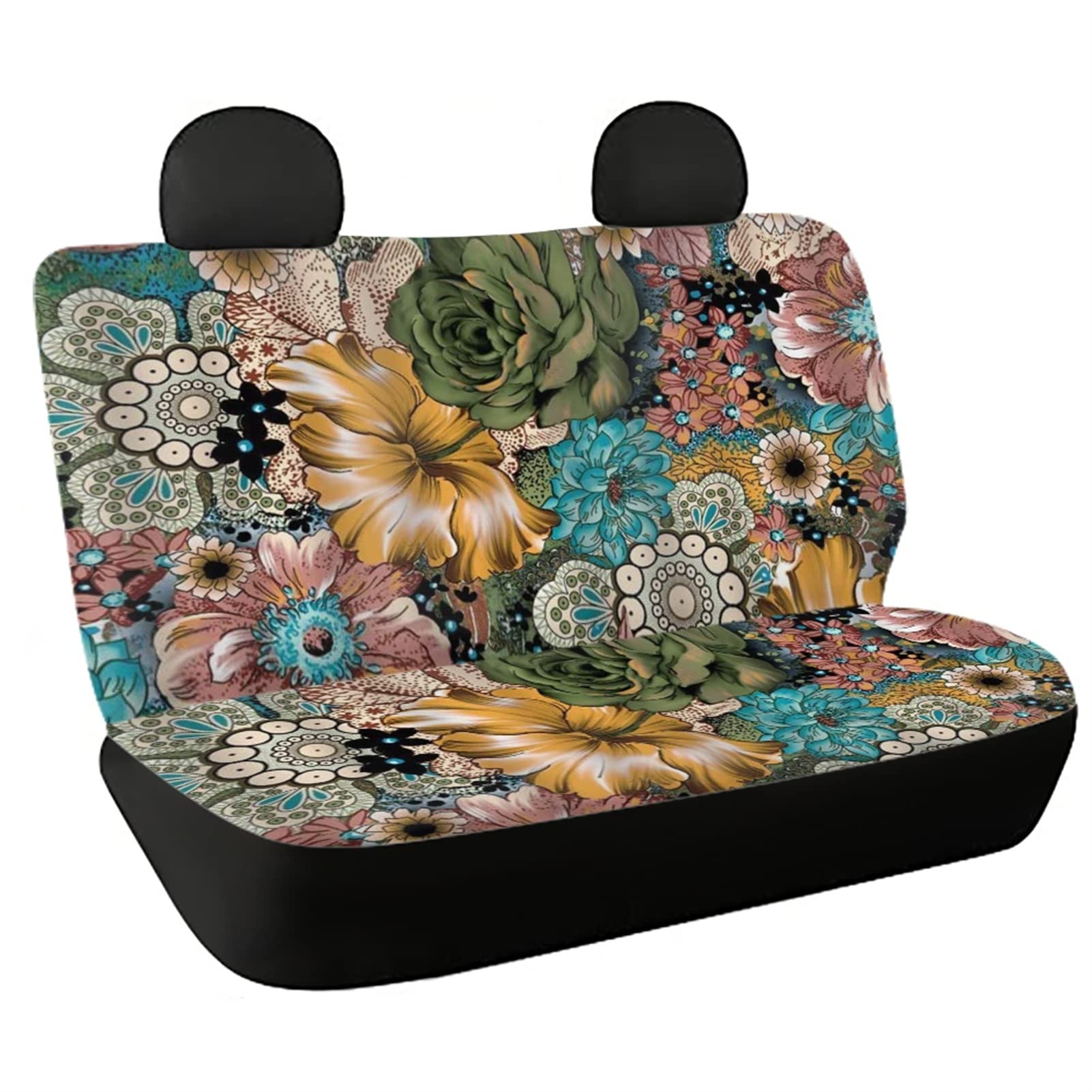 BYCHECAR Boho Floral Car Seat Cover - Universal Rear Seat Protector for SUV, Truck, Sedan | Split Bench Design for Kids & Pets | Hibiscus Print Auto Saddle Blanket | Perfect for Women, Girls & Road Trips