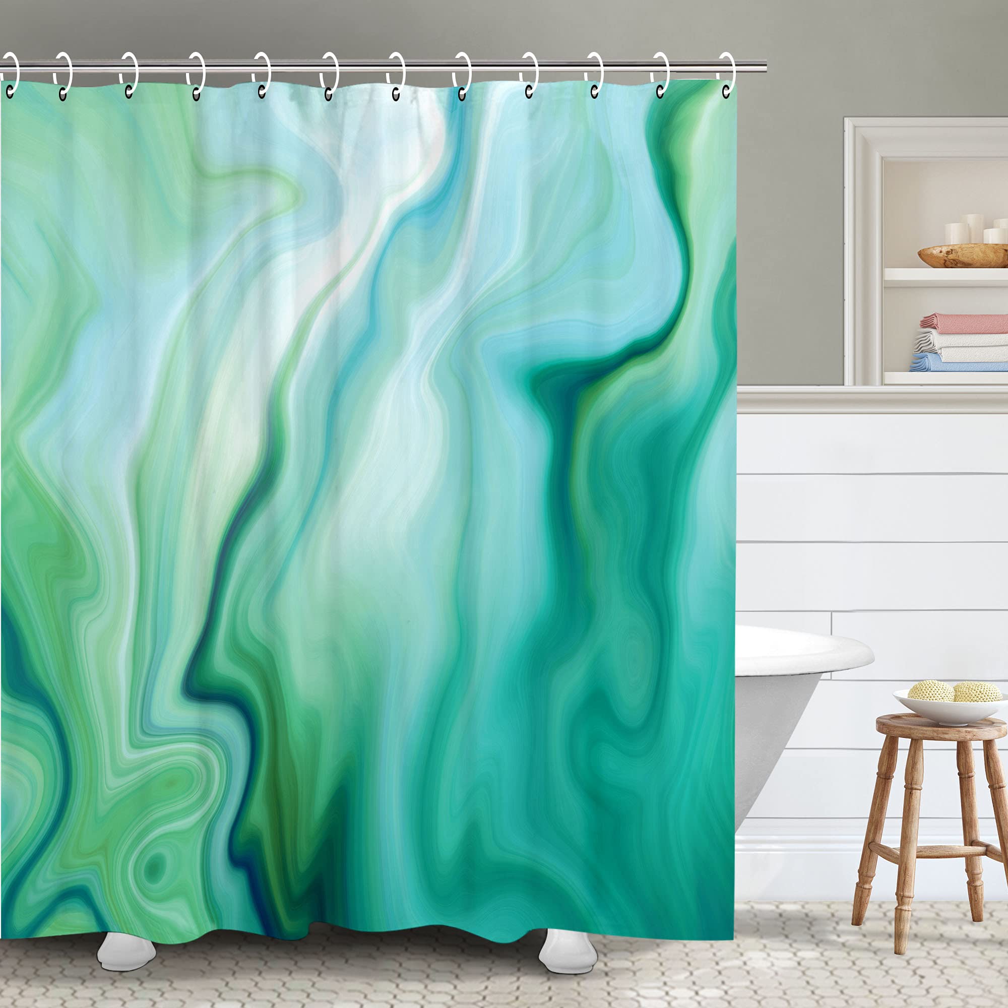 RosieLily Mint Green Marble Abstract Ombre Shower Curtain Set with 12 Hooks - 72x78 Inches - Waterproof Bathroom Decor for Modern & Vintage Style Homes