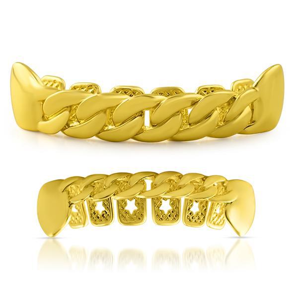 14K Gold Cuban Link Polished Grillz for Men - Hip Hop Jewelry for Rappers & Performers - Perfect for Concerts, Parties & Special Events