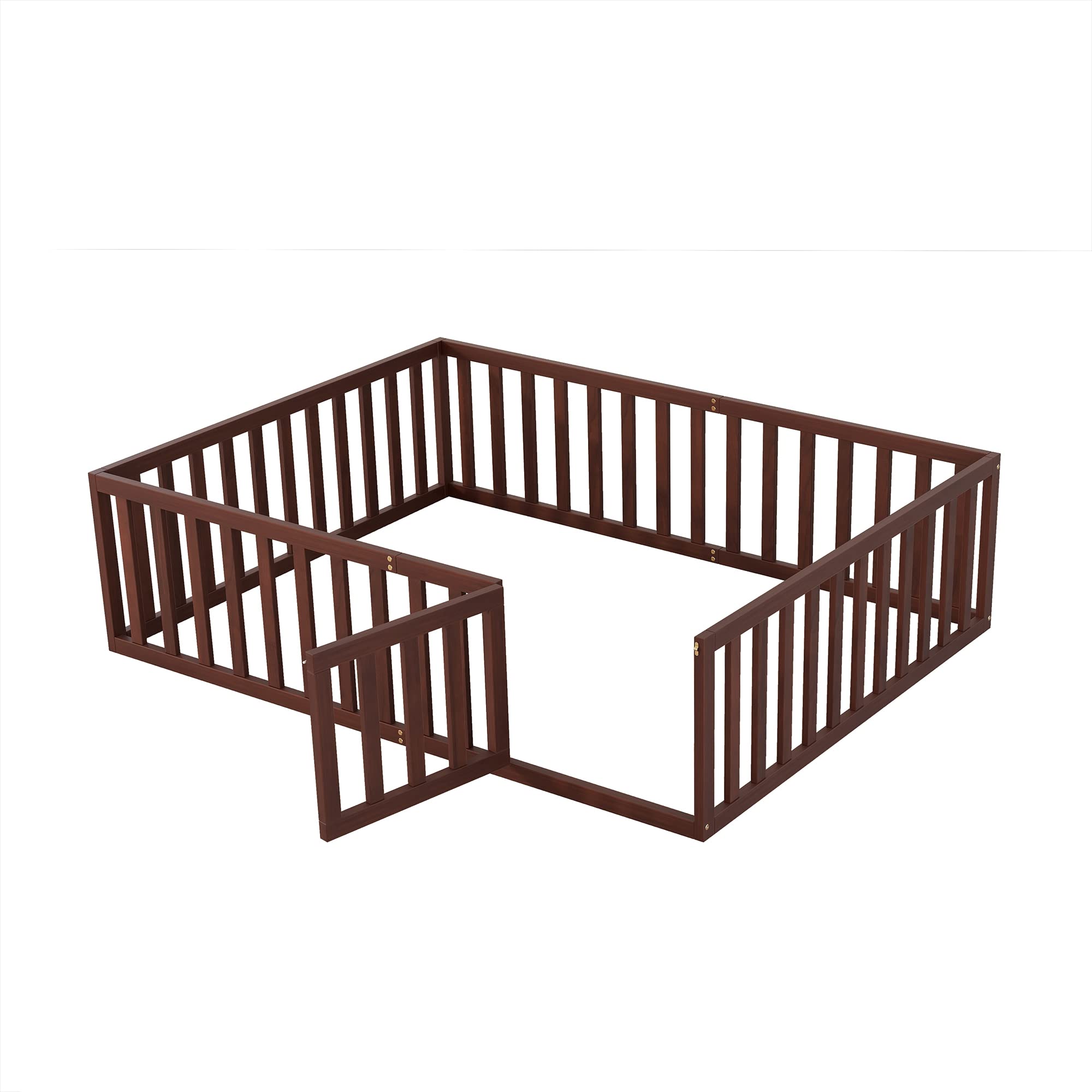 SOFTSEA Queen Floor Bed with Fence & Door - Sturdy Wooden Bed Frame for Kids & Teens - Low Profile Mattress Foundation (Spring Required) - Perfect for Montessori Rooms, Small Spaces & Sleep Safety