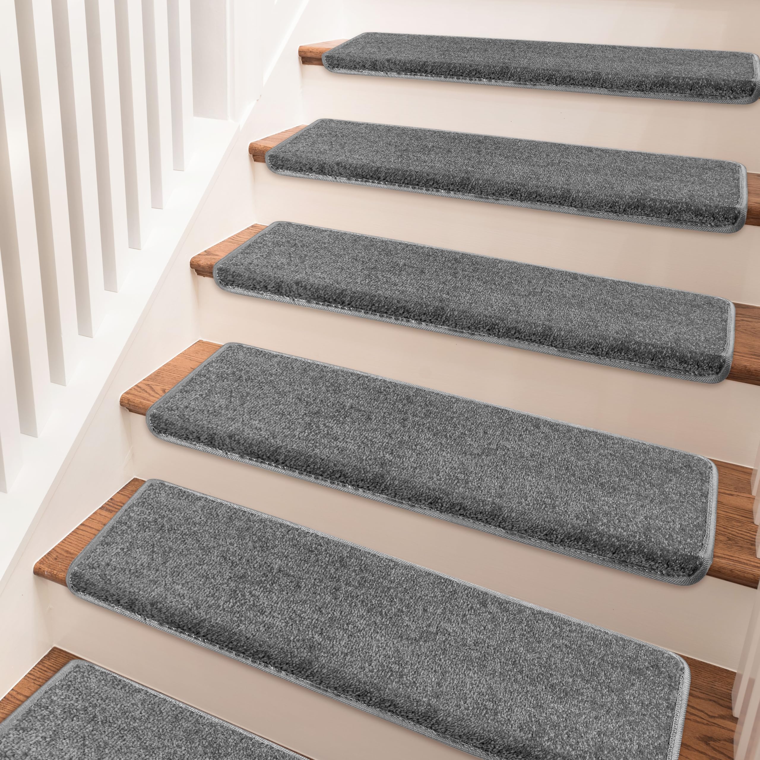PURE ERA Non-Slip Carpet Stair Treads Set - 14 Pieces Bullnose Tape-Free Indoor Stair Protectors, Pet Friendly Washable Rugs, Soft Skid-Resistant Dark Gray Covers (9.5
