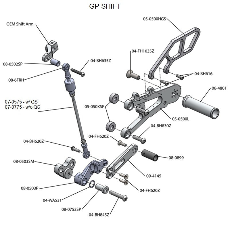 Triumph Daytona 675R GP Shift Rearset with Quick Shifter Rod - Race Use Only (No Side Stand) - High-Performance Motorcycle Racing Footpegs for Track Days and Competitive Riding
