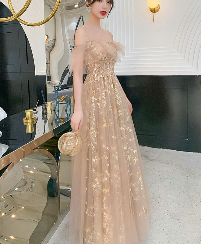 Elegant Champagne Round Neck Tulle Lace Long Prom Dress - Formal Evening Gown for Homecoming, Wedding, Ball & Special Occasions