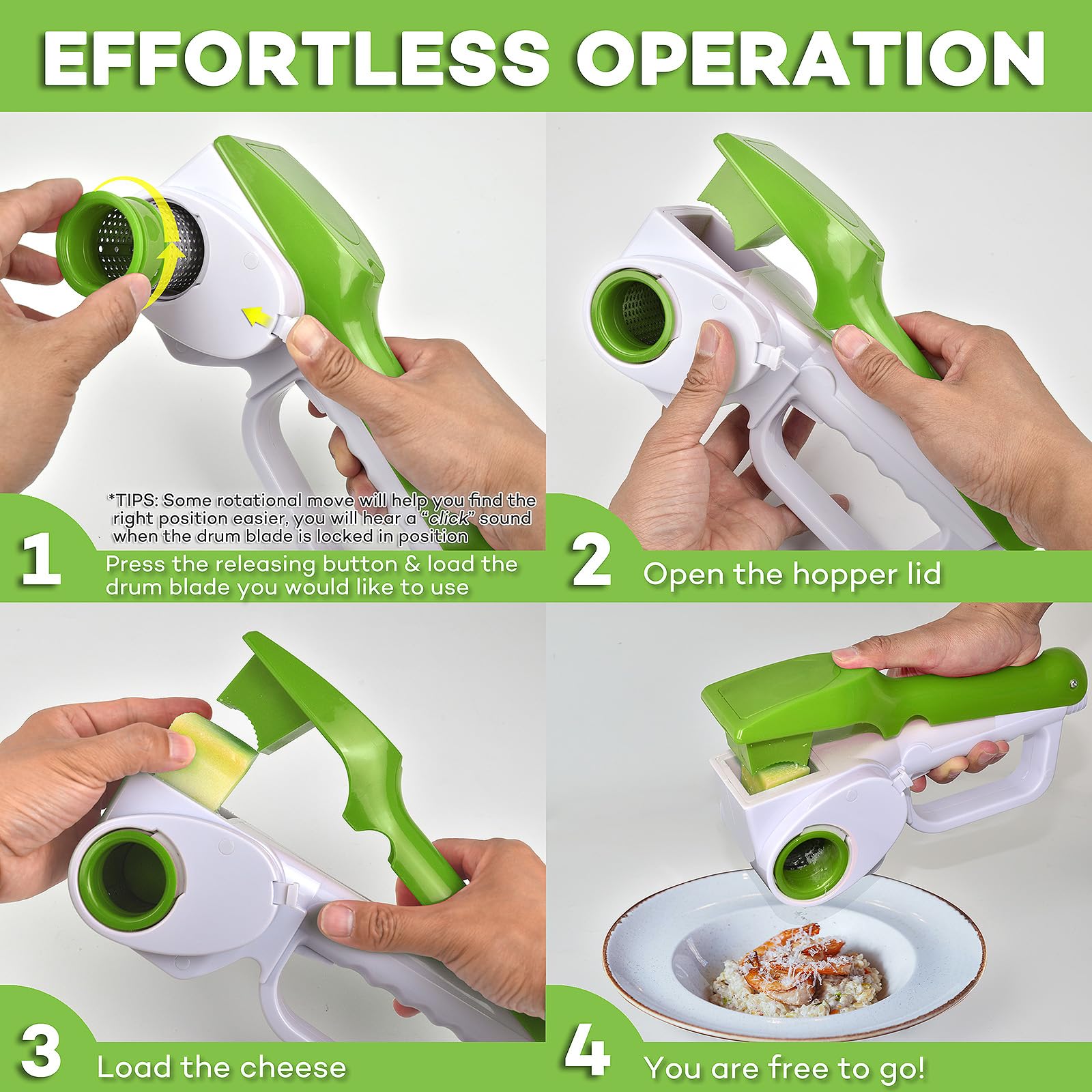 Electric Rotary Cheese Grater for Hard Cheeses - Cordless Rechargeable Handheld Parmesan Grater Shredder Slicer (Green) | Perfect for Italian Cooking, Pizza Topping & Gourmet Meal Prep