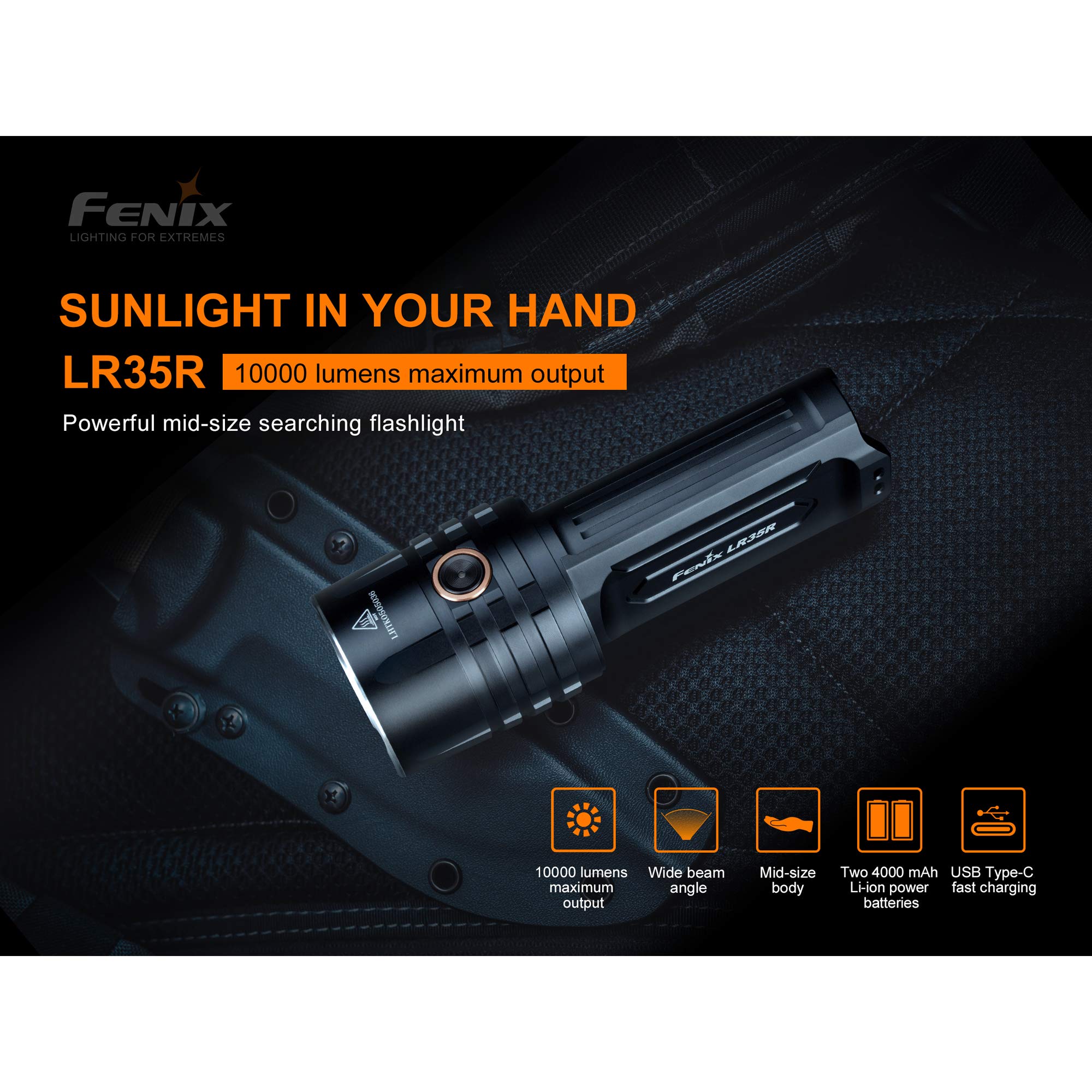 Fenix LR35R 10000 Lumen Super Bright Rechargeable Flashlight - Long Throw High Power LED Torch with Batteries & Lumentac Organizer for Camping, Hiking, Emergency and Outdoor Adventures