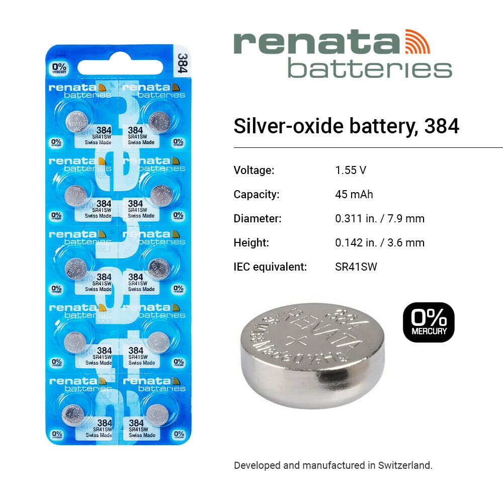 Renata 384 SR41SW 1.55V Silver Oxide Watch Batteries (2-Pack) - Perfect for Watches, Calculators, Cameras & Small Electronics