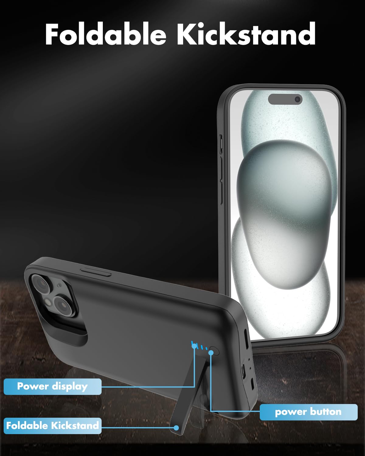 Gladgogo iPhone 15 Battery Case 6000mAh - Rechargeable External Charger Case with Stand for Apple iPhone 15 (6.1 Inch) - Perfect for Travel, Work & Long Battery Life