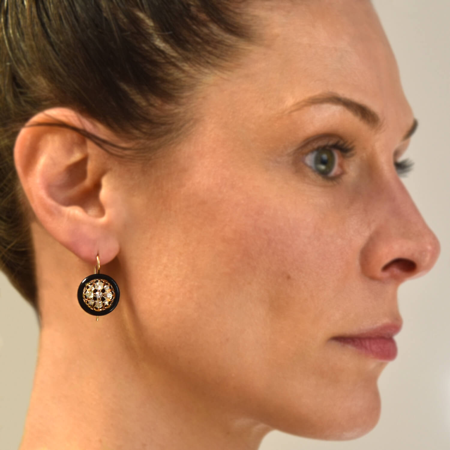 Victorian Style 14K Gold Black Enamel Diamond Cluster Earrings 1.30 Carat Total Weight - Perfect for Weddings, Evening Gala & Vintage Jewelry Collection