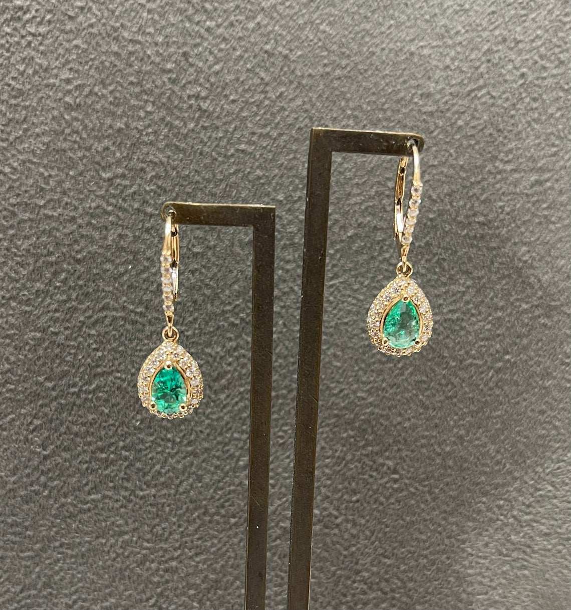 2.50tcw Colombian Emerald & Pave Diamond Teardrop Lever Back Dangle Earrings in 14K Gold - Elegant Jewelry for Weddings, Parties & Special Occasions