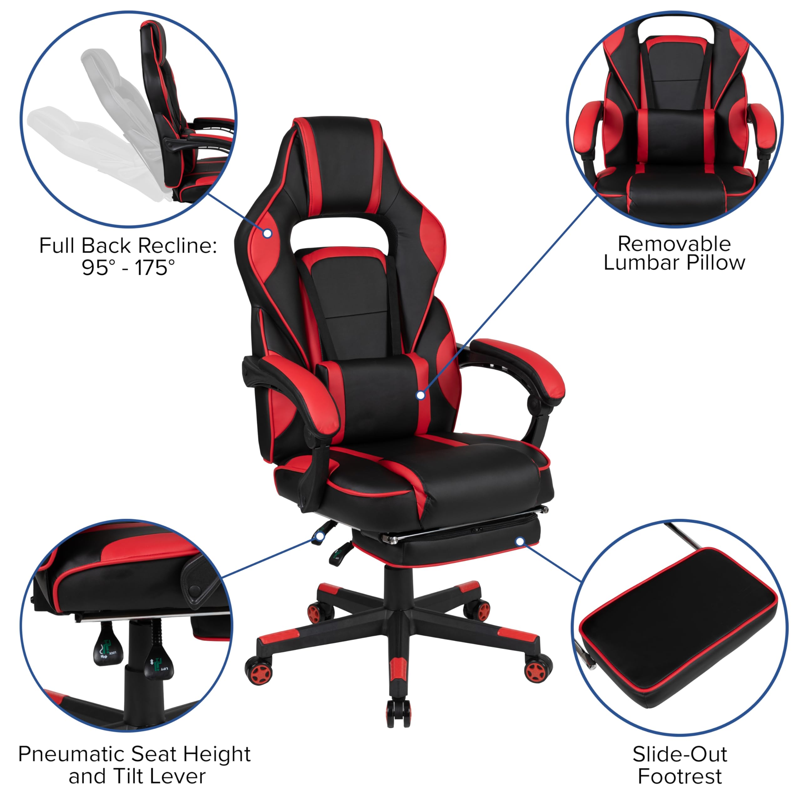 EMMA & OLIVER Black Red Gaming Desk Set with Cup Holder, Headset Stand, Reclining & Footrest - Perfect for PC Gaming Setup, Home Office & Streaming Station