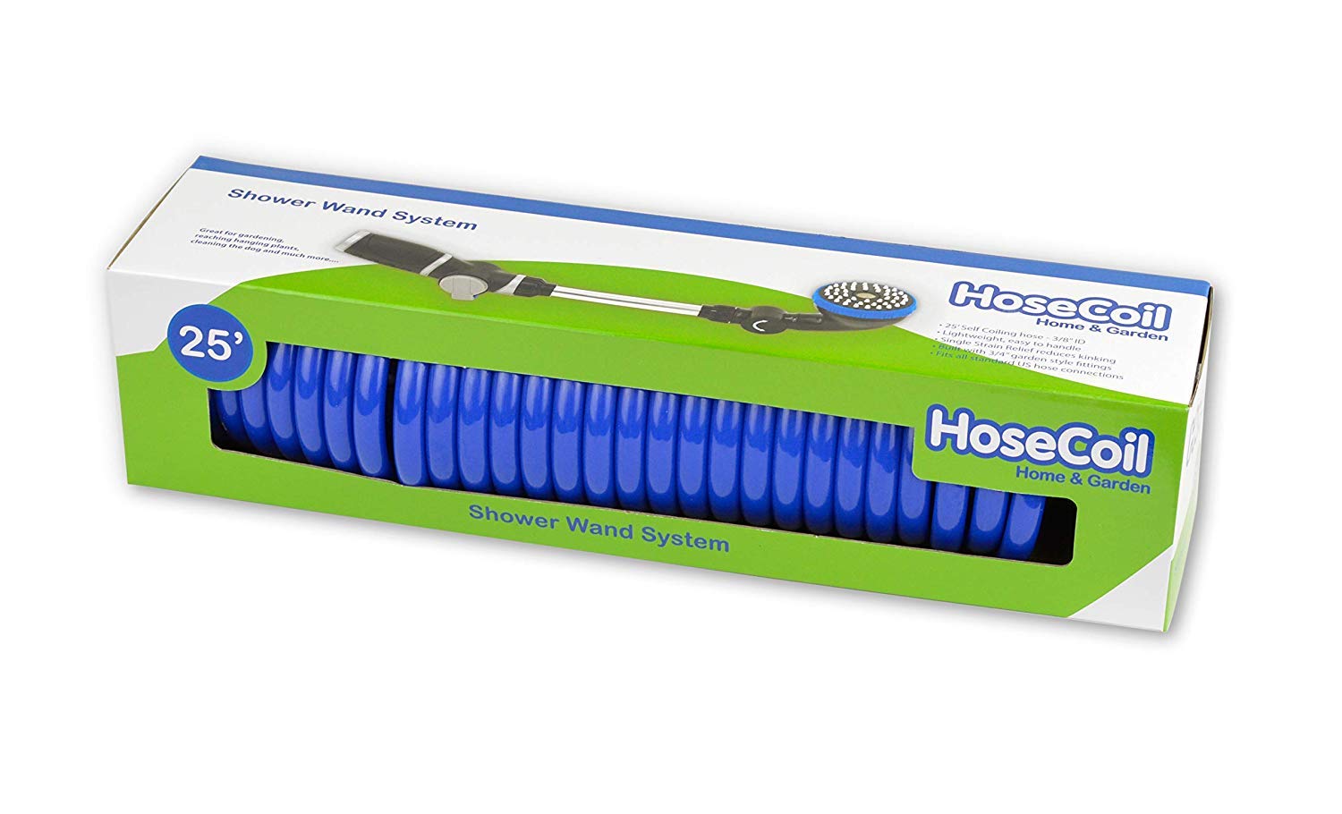 25ft 3/8 Inch Self Coiling Garden Hose with Shower Wand - Lightweight Expandable Water Hose for RV, Outdoor, Camping, Car Washing & Yard Watering (Blue)