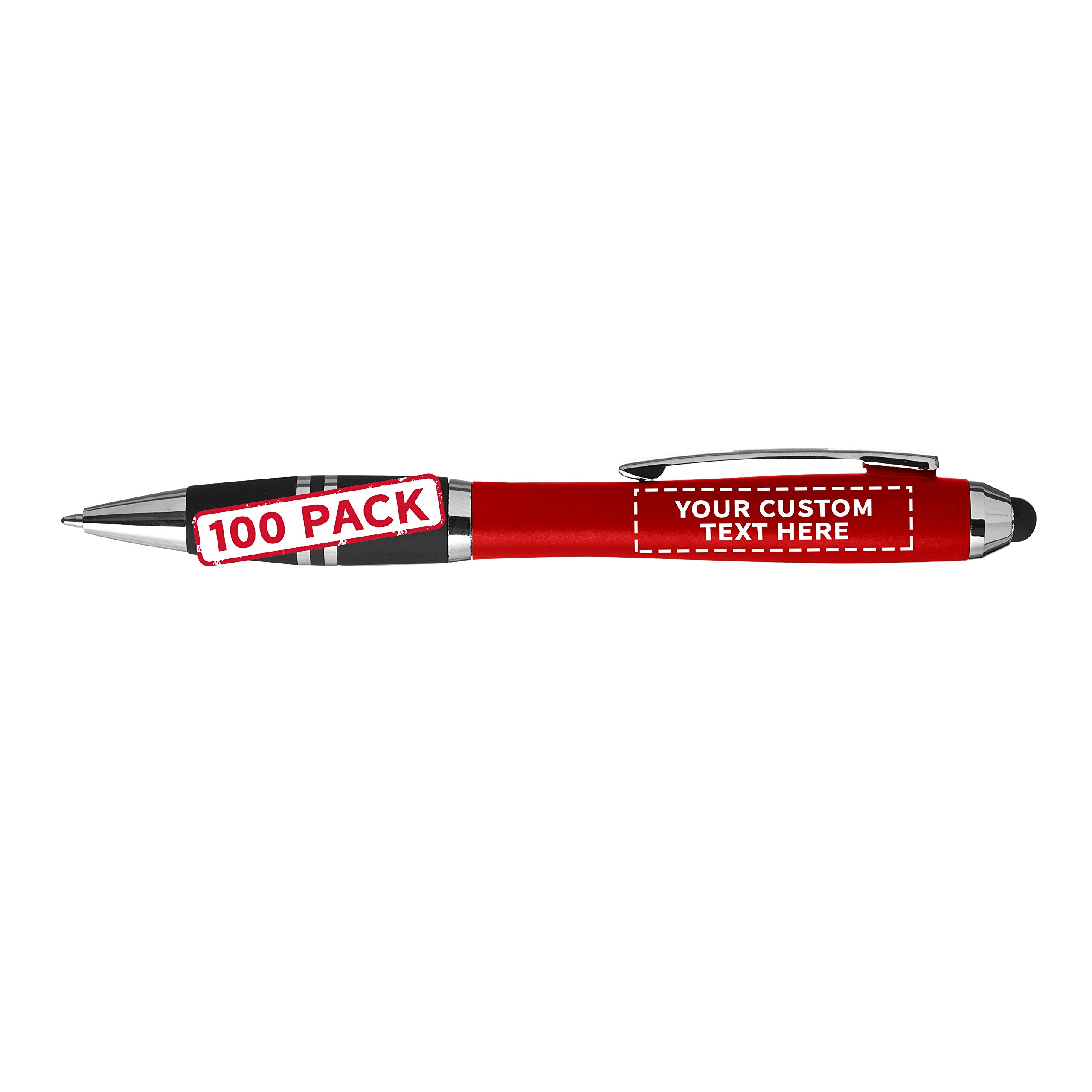 Customized Ballpoint Pens with Stylus Grip - 100 Pack Bulk Office Supplies - Personalized Text & Logo Printing - Red Plastic Pens for Business Promotions, School, and Office Use