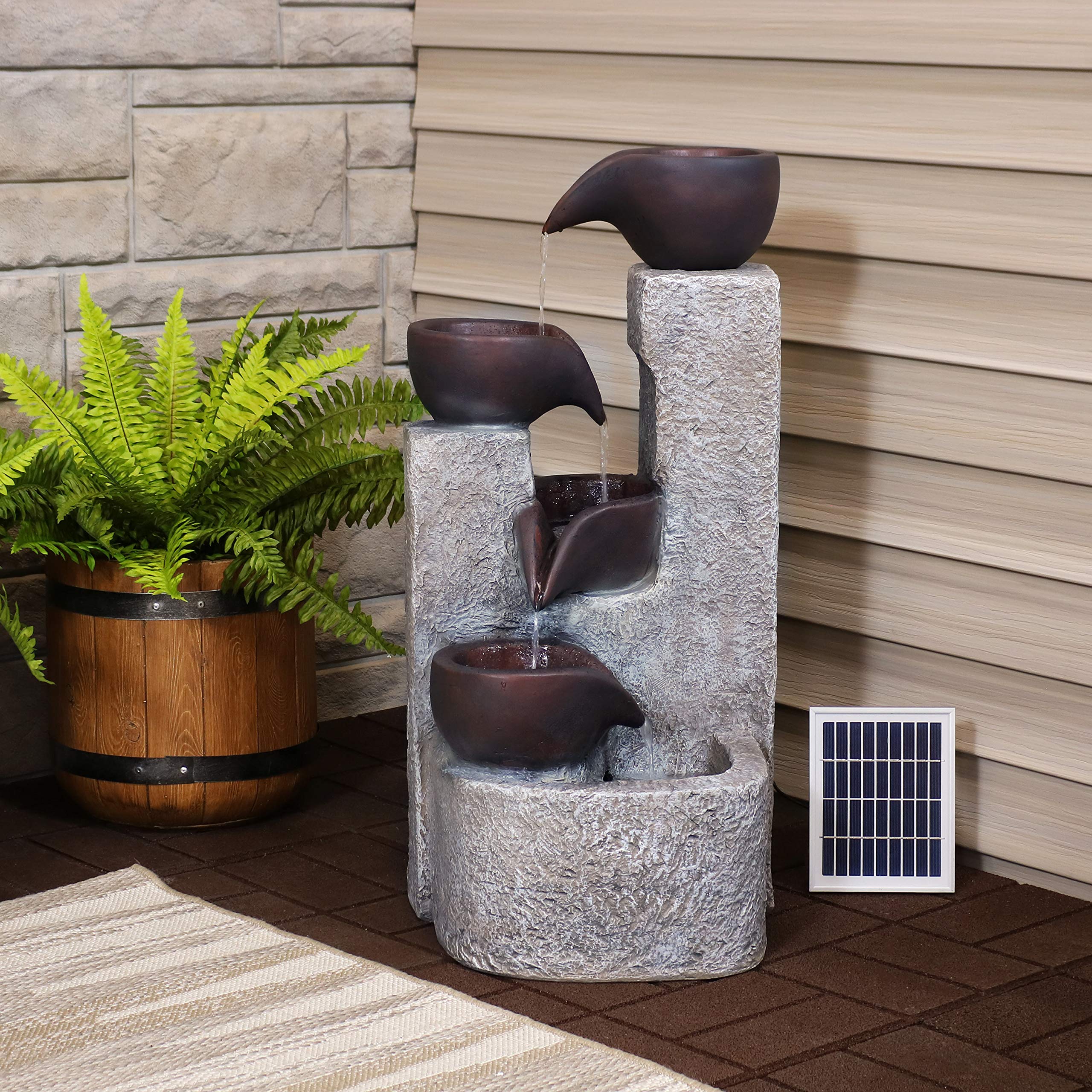 Sunnydaze 29-Inch Aged Tiered Solar Fountain with Battery Backup - Outdoor Water Feature with Submersible Pump - Polyresin Garden Decor for Patio, Yard, and Landscape