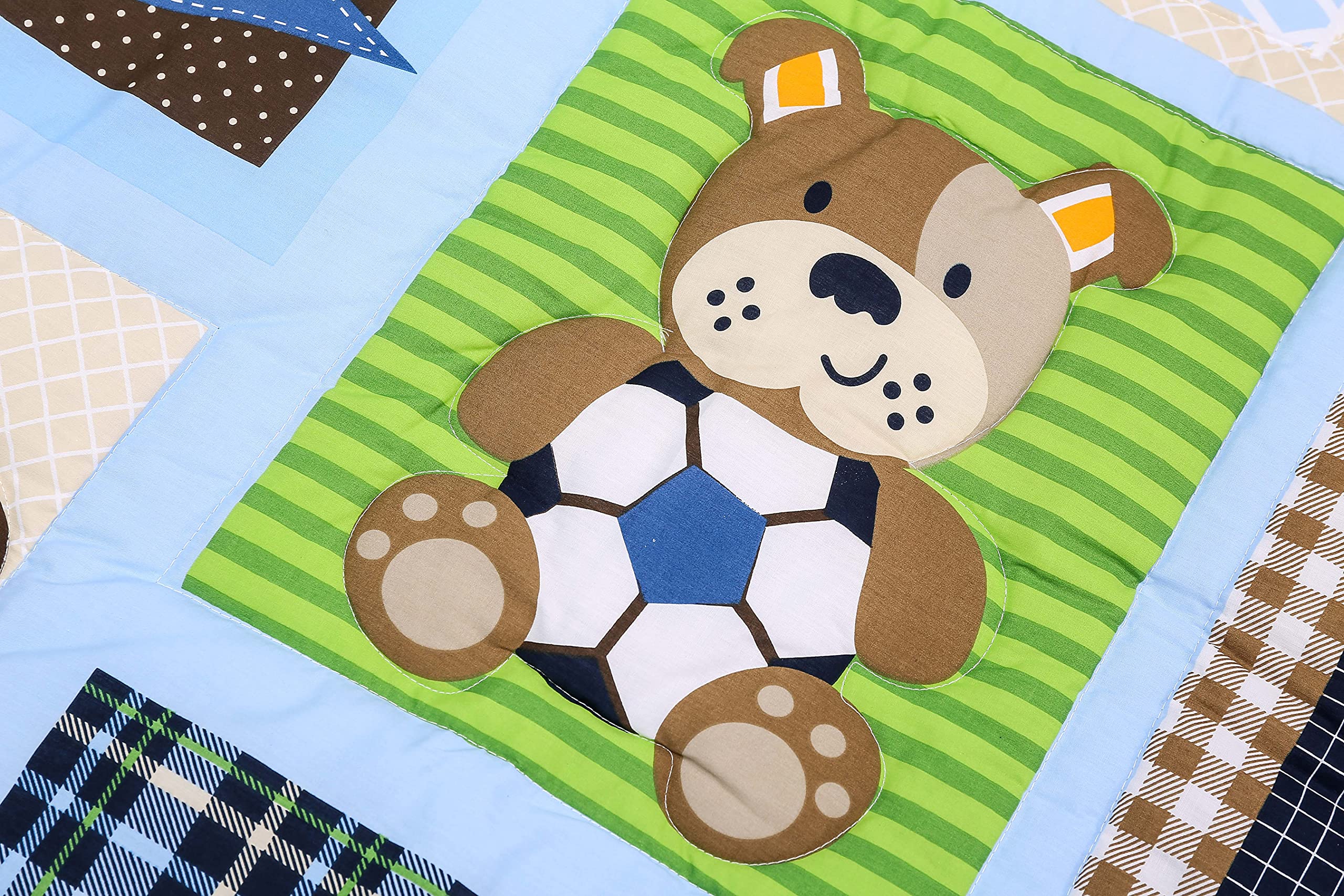 5-Piece Blue & Grey Sports Theme Nursery Crib Bedding Set for Baby Boys - Baseball, Basketball & Soccer Embroidery - Includes Quilt, Fitted Sheet, Crib Skirt, Valance & Changing Pad Cover (28