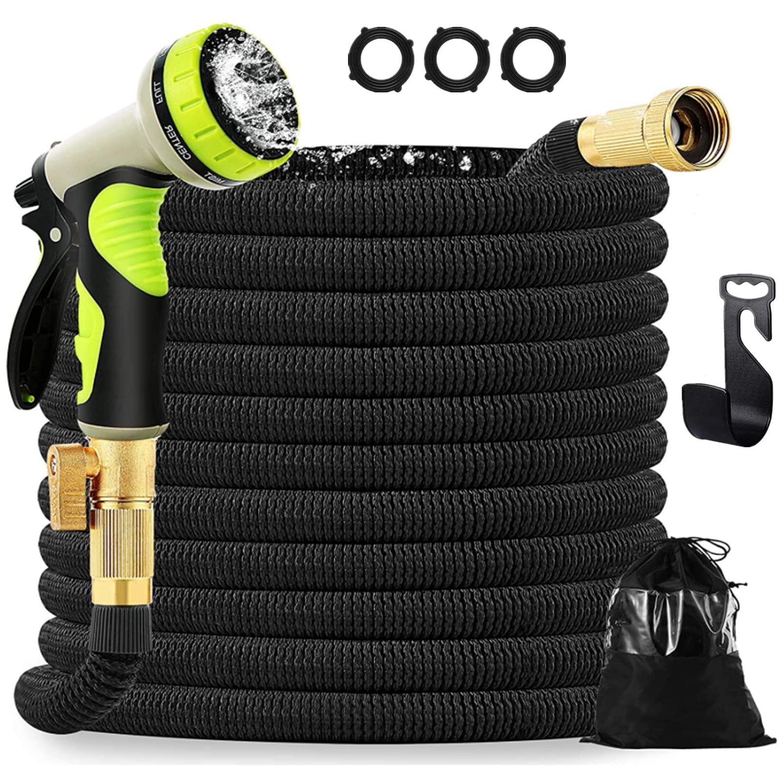 50ft Expandable Garden Hose with 9 Function Spray Nozzle - 3/4 Inch Solid Brass Fittings & Triple Latex Core - Durable No-Kink Flexible Water Hose for Lawn, Yard, Car Washing and Outdoor Cleaning (50FT)