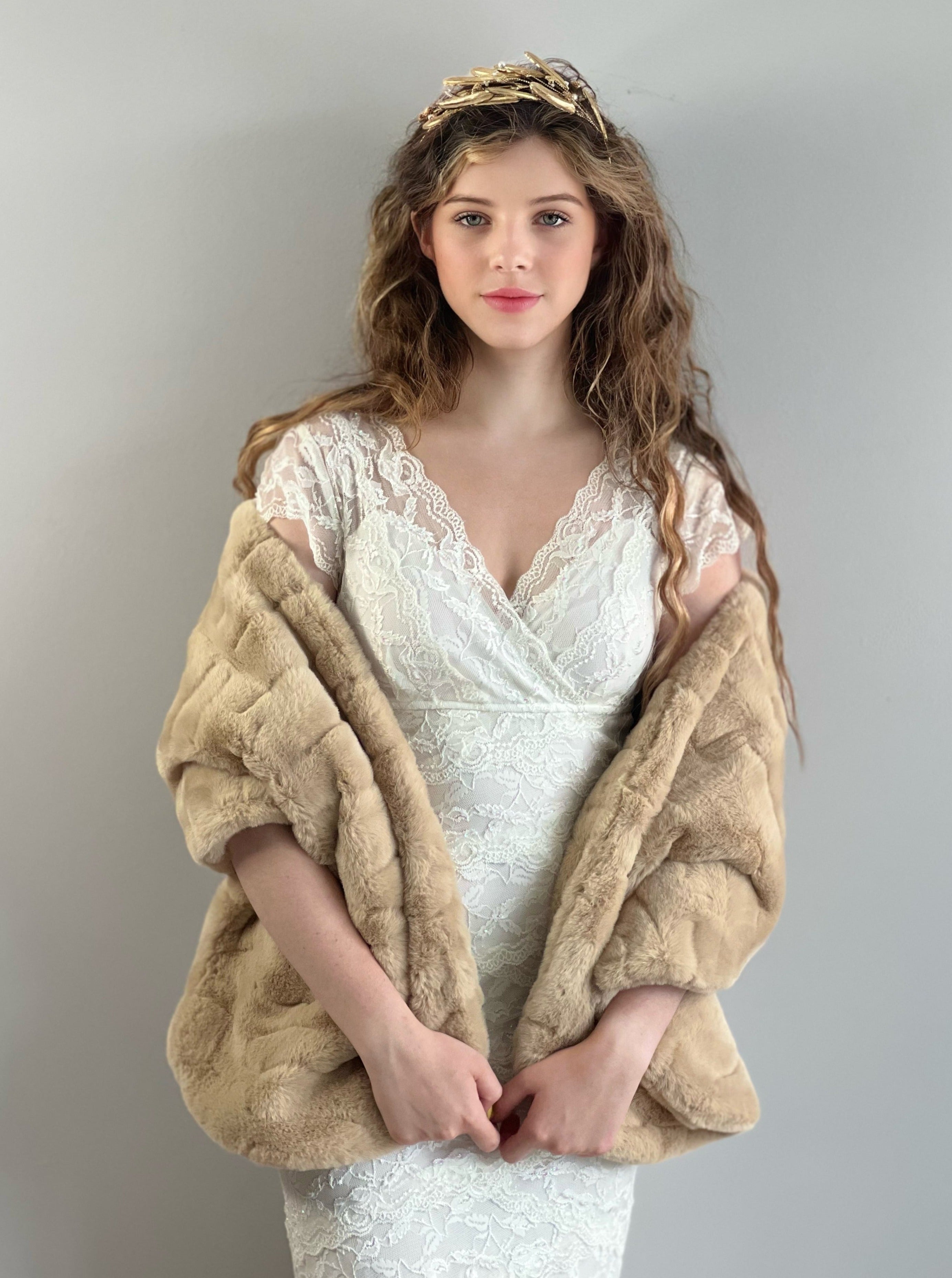 Light Beige Ivory Reversible Faux Fur Shawl Wrap - Soft Winter Scarf for Women (Jenny Ivy04) - Perfect for Cold Weather, Evening Outfits, and Gift Giving