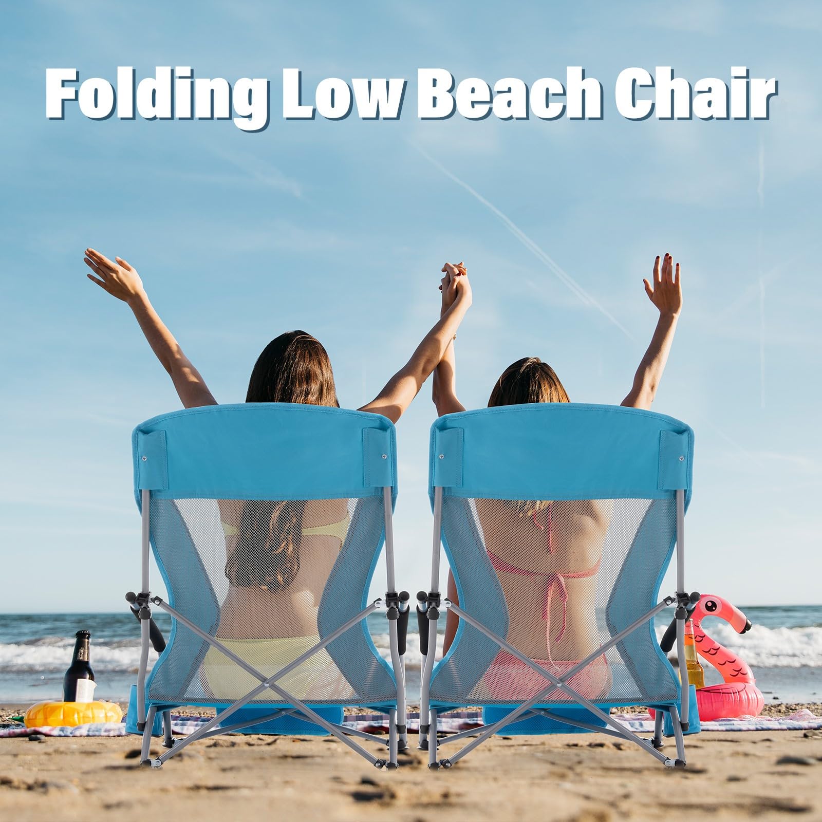 Homcosan Low Folding Beach Chairs for Adults - Portable Lightweight Sling Chair with Cup Holder & Mesh Back, Compact Folding Design with Carry Bag - Perfect for Beach, Camping, Picnics, Concerts & Backyard Relaxation (2 Pack, Blue)
