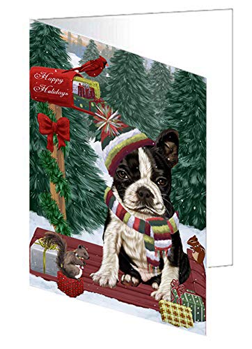 Merry Christmas Woodland Sled Boston Terrier Dog Greeting Cards - 20-Pack Adorable Pet Invitation Cards with Envelopes - Festive Holiday Pet Artwork for Christmas Gifts & Party Invitations