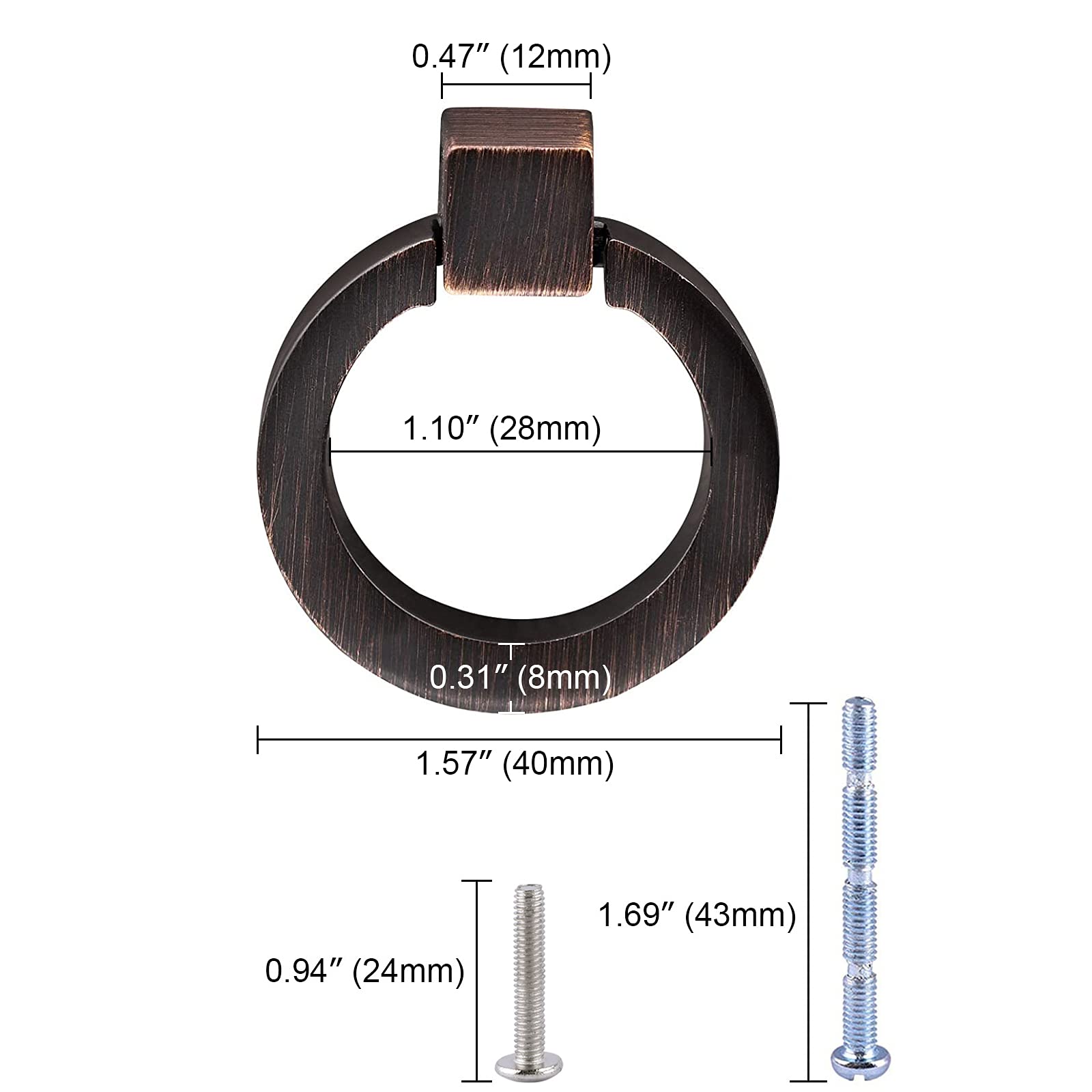 Oil-Rubbed Bronze Round Cabinet Knobs - 10 Pack Zinc Alloy Ring Pull Handles, 1.57