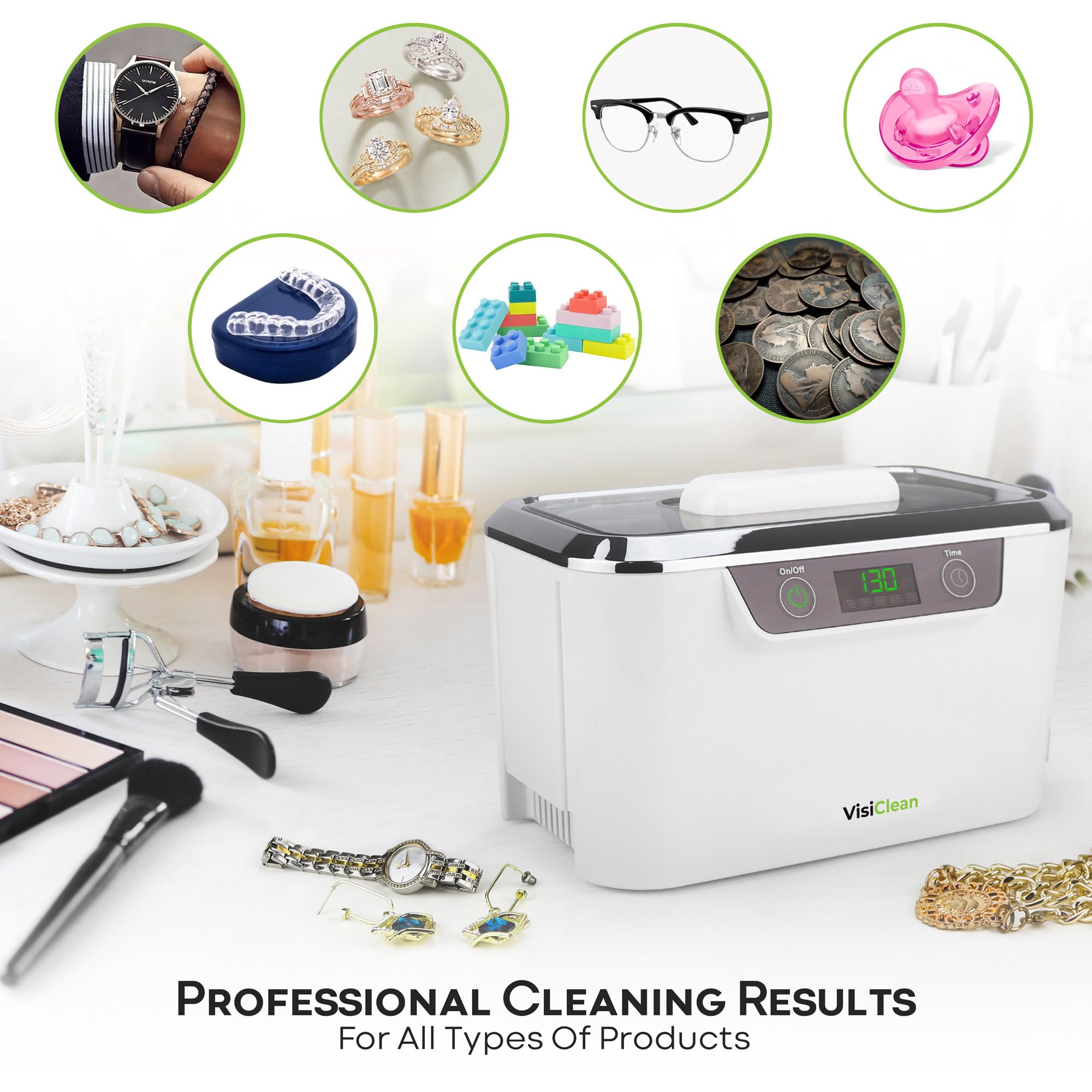 Professional Ultrasonic Jewelry Cleaner Machine for Rings, Necklaces, Earrings - Gold & Silver Cleaning - Also Works for Glasses, Dentures, CPAP Parts, Coins & Razors - Perfect for Home Jewelry Care & Small Item Cleaning - VisiClean