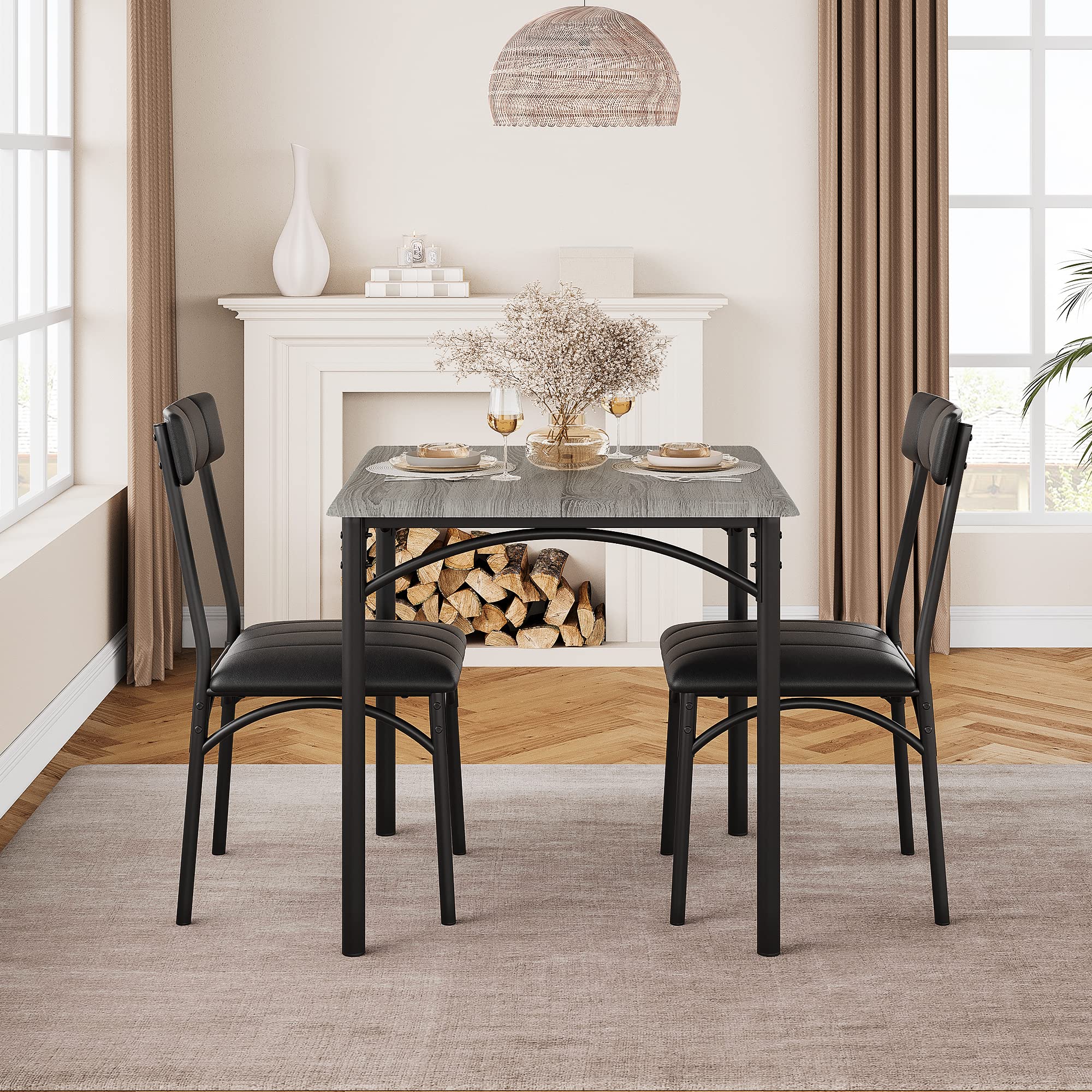 GAOMON 3-Piece Square Dining Table Set for 2 with Upholstered Chairs - Rustic Gray Kitchen Table & Chairs for Small Spaces, Apartments & Studios | Perfect for Breakfast Nooks, Cozy Meals & Compact Living Areas
