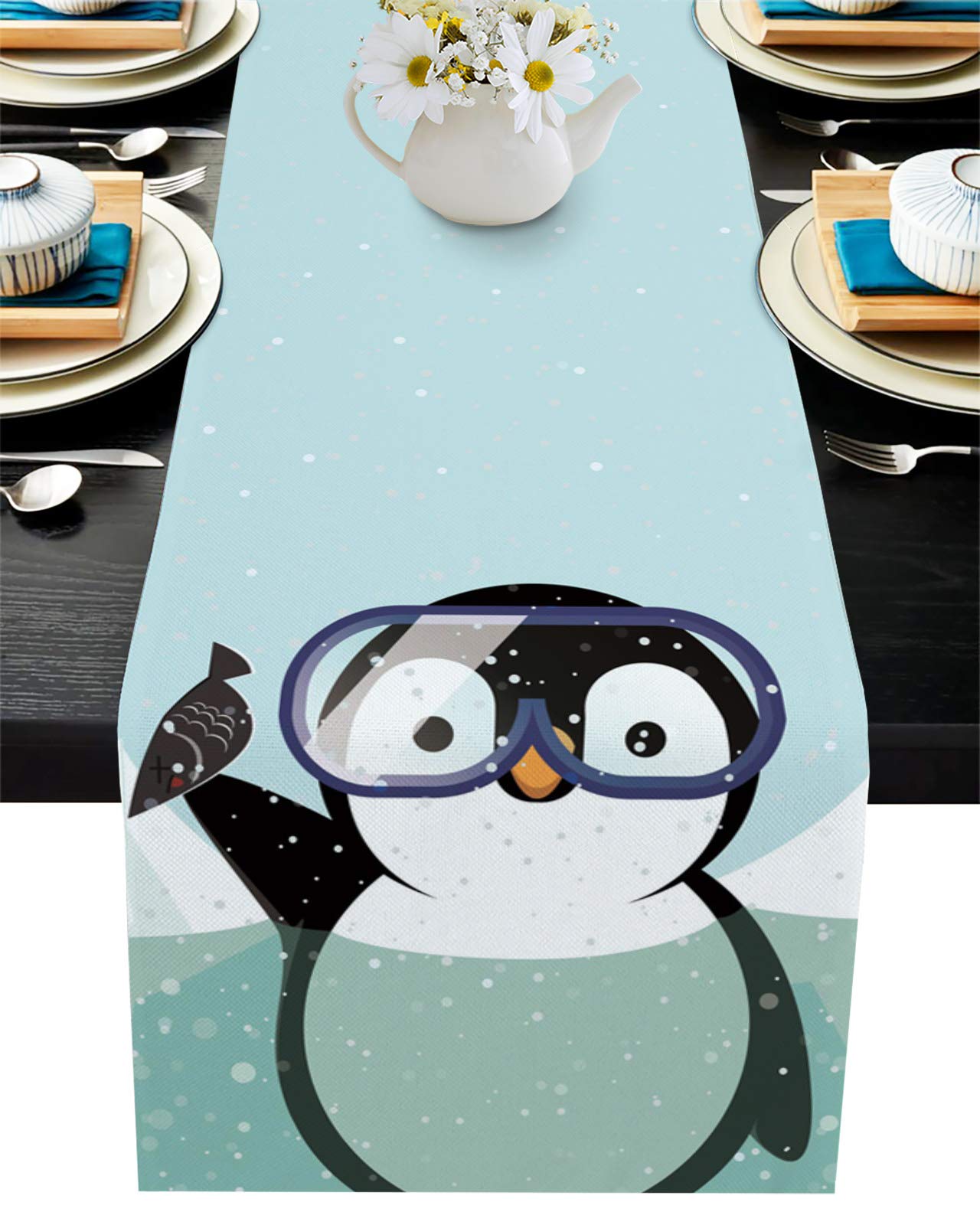 13x70 Inch Cute Penguin with Diving Goggles Table Runner - Linen Burlap Kitchen Dining Table Decor for Family Dinner & Wedding - Perfect for Farmhouse, Rustic, and Coastal Home Decor