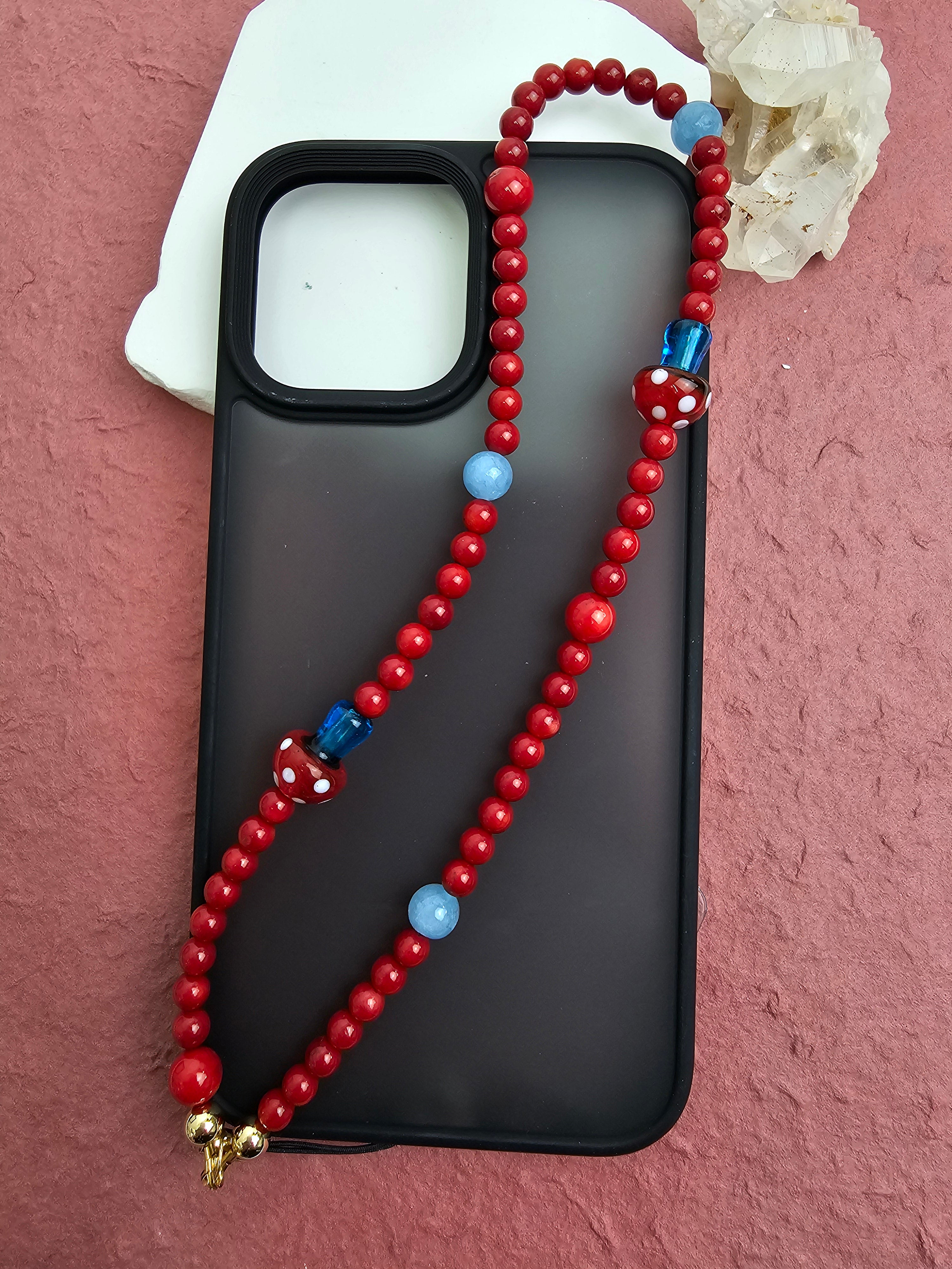 Red Bamboo Coral & Mushroom Phone Strap PC010 - Stylish Accessory for Smartphones, Keys & Bags | Perfect Gift for Travel & Daily Use