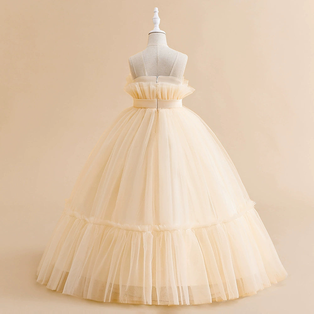 Champagne Princess Round Floor-Length Tulle Flower Girl Dress for Weddings & Special Occasions - Elegant Flower Girl Attire for Bridal Parties, First Communion & Formal Events