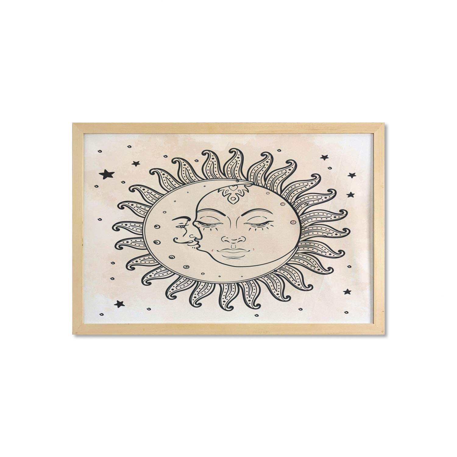 Ambesonne Sun and Moon Wall Art Print with Frame - Celestial Sketchy Design, 35