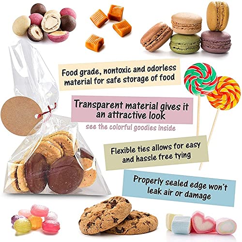 XLSFPY 100PCS Clear Cellophane Bags 5x7 Inches with Ties - Small Treat Bags for Cake Pops, Candy, Goodies & Rice Crispy Treats - Perfect for Birthday Party Favors, Baby Showers & Wedding Decorations