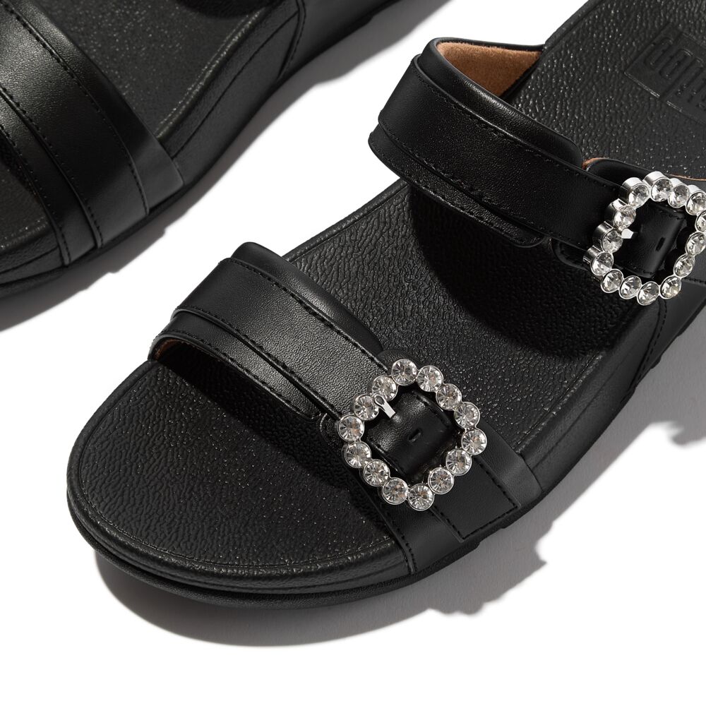 FitFlop Lulu Crystal Buckle Leather Slide Sandals for Women - All Black Comfortable Summer Shoes for Beach, Pool & Casual Wear