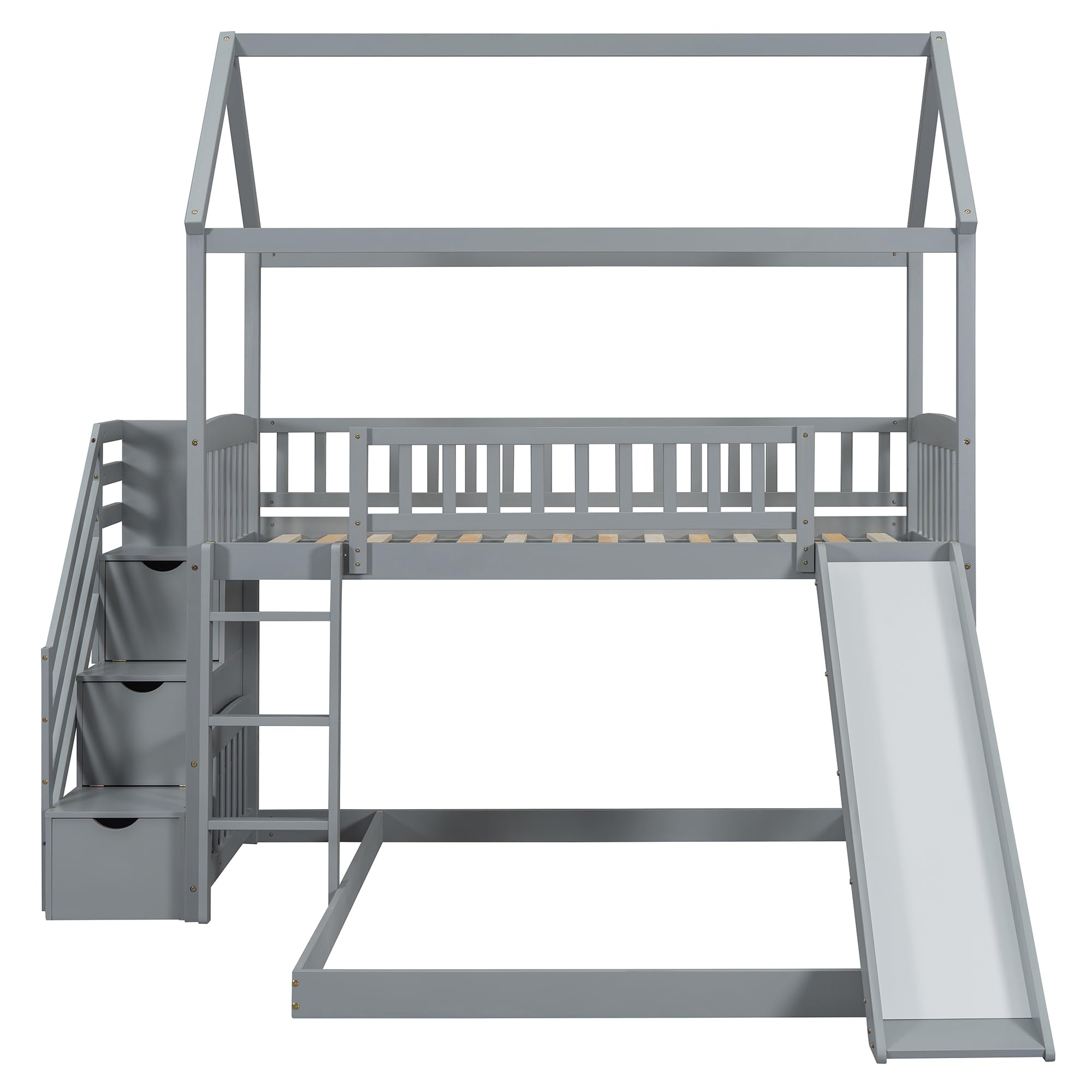 Harper & Bright Designs Twin Over Twin Kids House Shape Bunk Bed with Slide - Solid Wood Bunk Bed Frame with Storage Stairs for Kids & Teens (Grey) | Space-Saving Bedroom Solution for Siblings, Sleepovers & Small Rooms