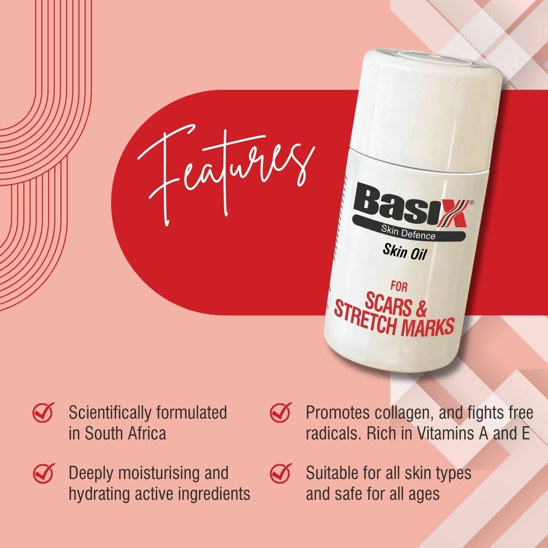 Basix Skin Defence Clear Skin Tissue Oil for Stretch Marks, Scars & Uneven Skin Tone - Tamanu, Argan, Grapeseed, Jojoba, Rosehip & Calendula Oils - Perfect for Post-Pregnancy, Weight Loss & Daily Skin Repair