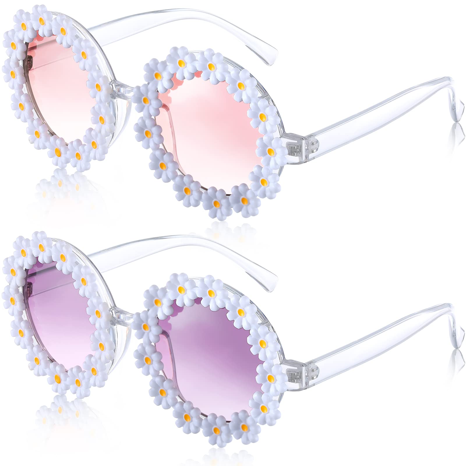 2 Pairs Daisy Flower Sunglasses for Women & Kids - Round Retro Flower Frame UV Protection Sunglasses with Flannel Bag - Perfect for Beach, Summer Outfits & Fashion Accessories