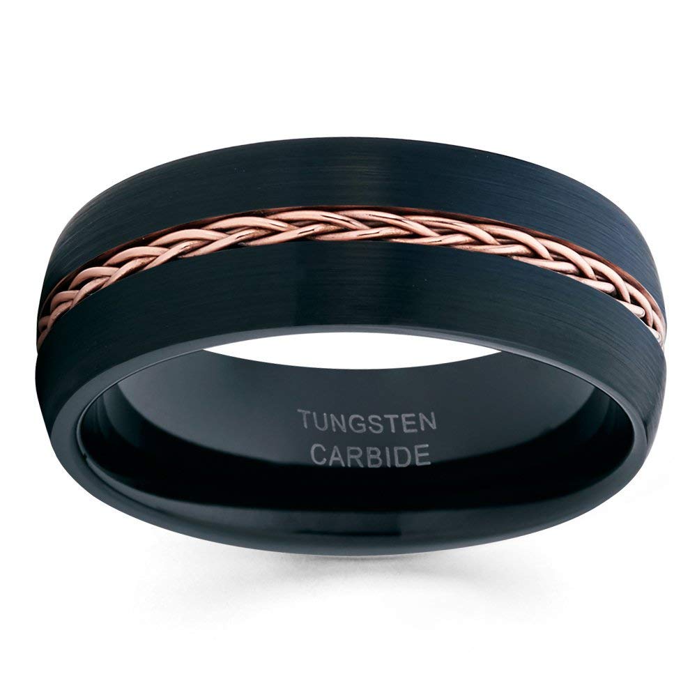 Rose Gold Tungsten Wedding Band - 8mm Braided Engagement & Anniversary Ring for Men & Women | Durable Black Tungsten Carbide Ring for Everyday Wear & Special Occasions