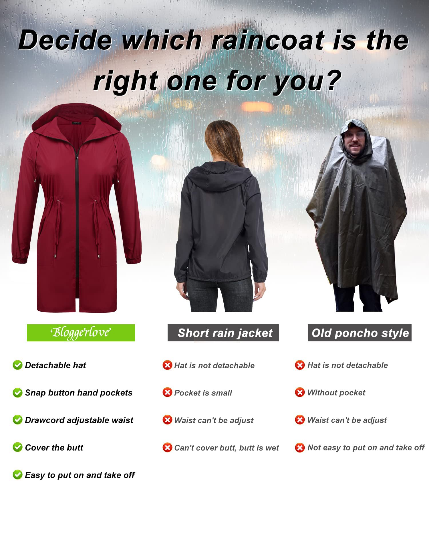 IN'VOLAND Women's Waterproof Rain Jacket - Plus Size Long Hooded Windbreaker with Pockets | Lightweight Raincoat for Outdoor Activities, Commuting & Travel
