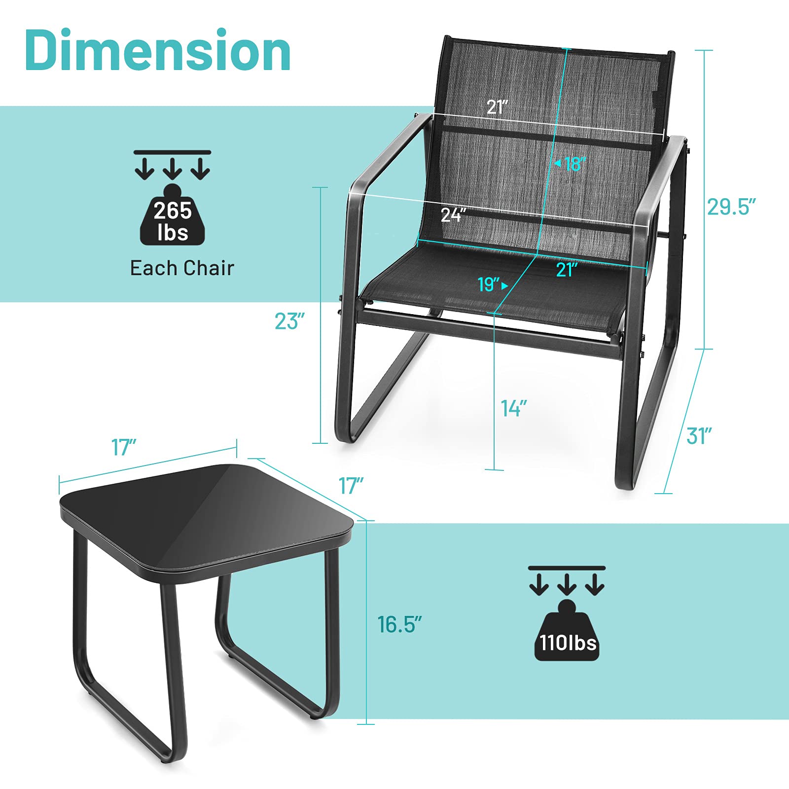 Giantex 3-Piece Patio Bistro Set - Outdoor Dining Furniture with Rustproof Steel Frame, Glass Top Table & 2 Chairs for Garden, Balcony, Deck, Yard - Perfect for Outdoor Entertaining, Relaxing & Dining (Black)