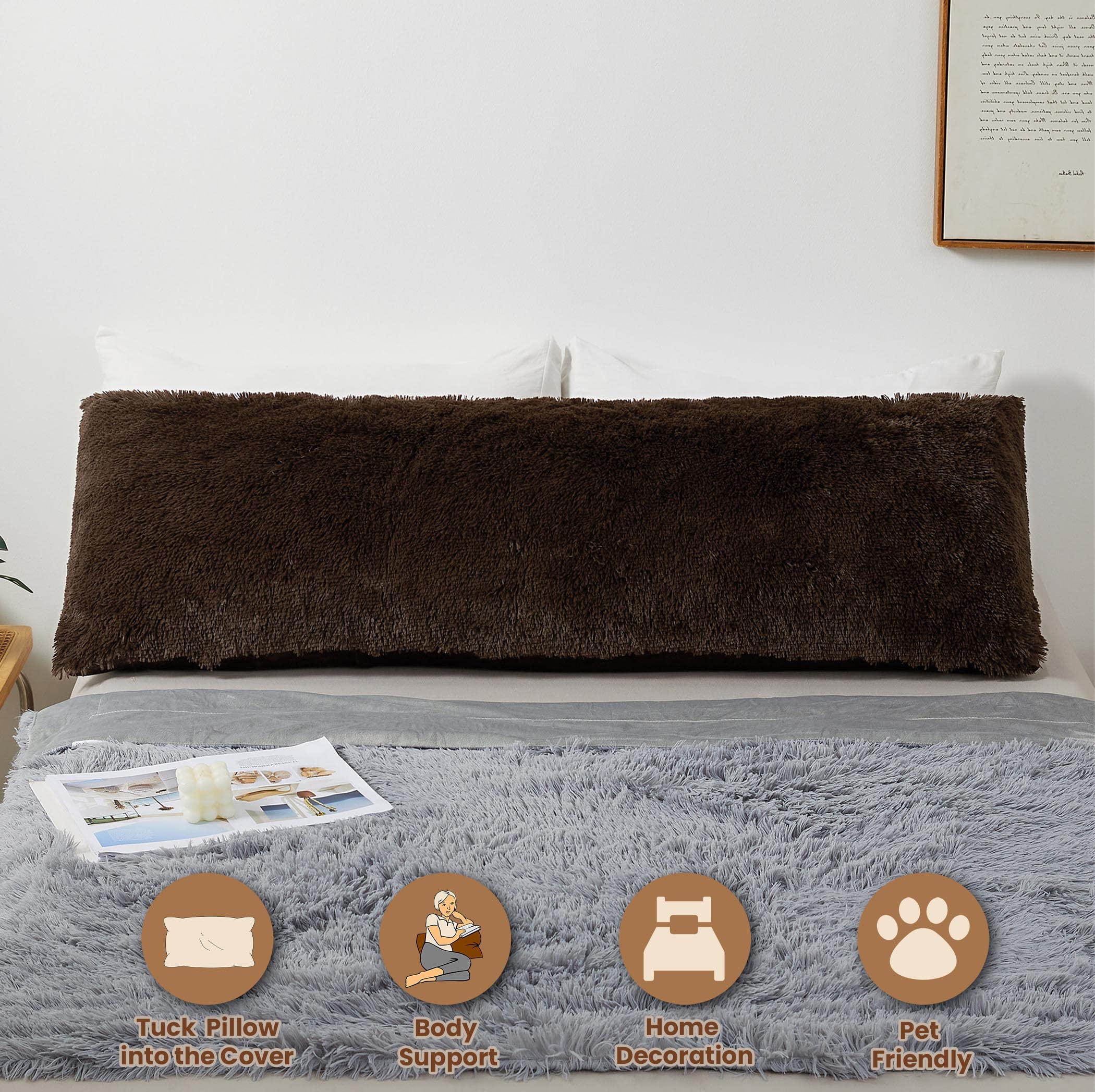MEGO Shaggy Plush Body Pillow Cover 20x54 Inches - Soft Faux Fur Fluffy Pillowcase with Zipper - Boho Fuzzy Full Body Pillow Sham for Bed, Couch, Living Room - Cozy Home Decor & Nap Companion (Brown)