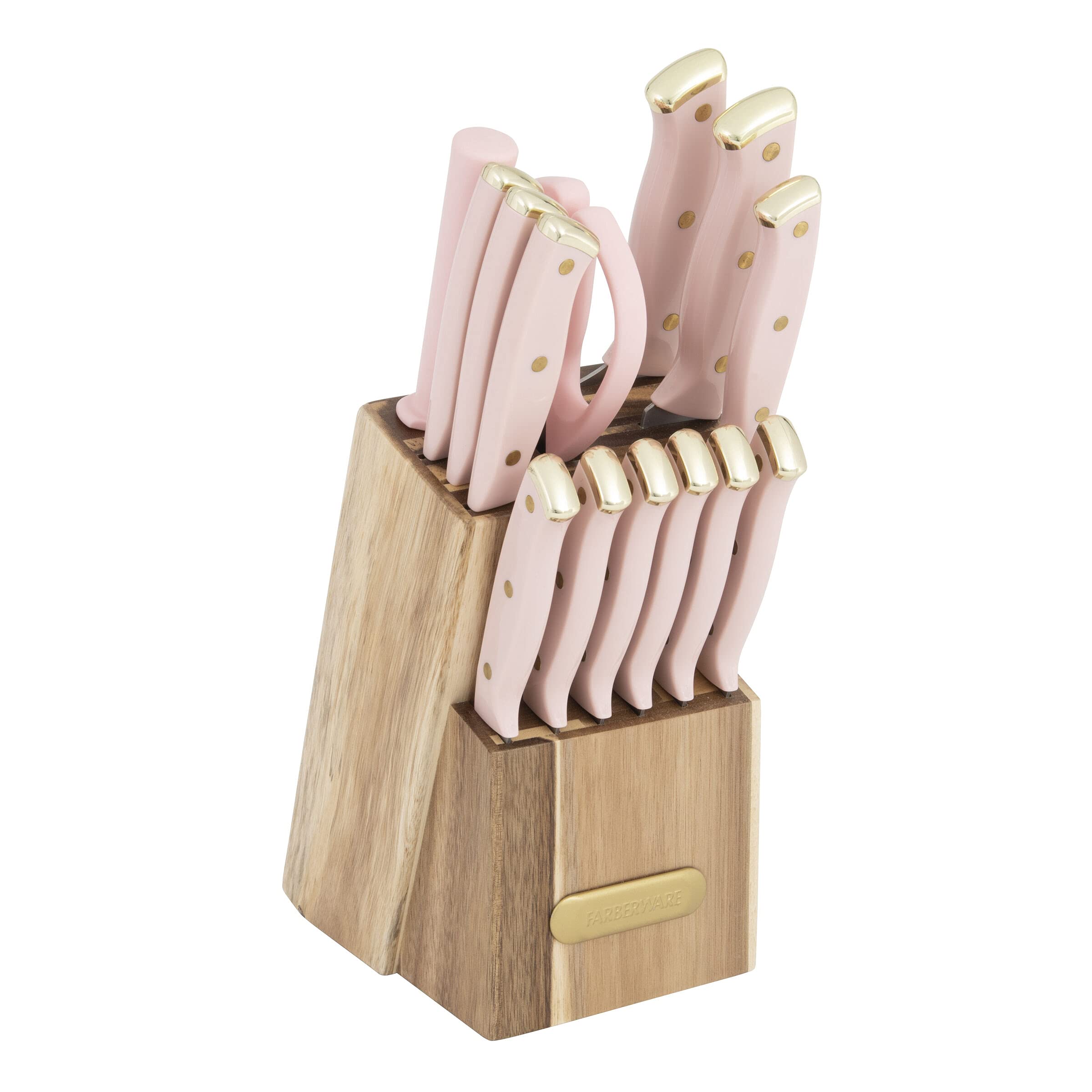 Farberware 15-Piece Triple Riveted Acacia Wood Knife Block Set - High Carbon Stainless Steel Kitchen Knives with Ergonomic Handles - Razor Sharp Knife Set in Pink and Gold - Perfect for Home Cooking, Professional Chefs & Gift Giving