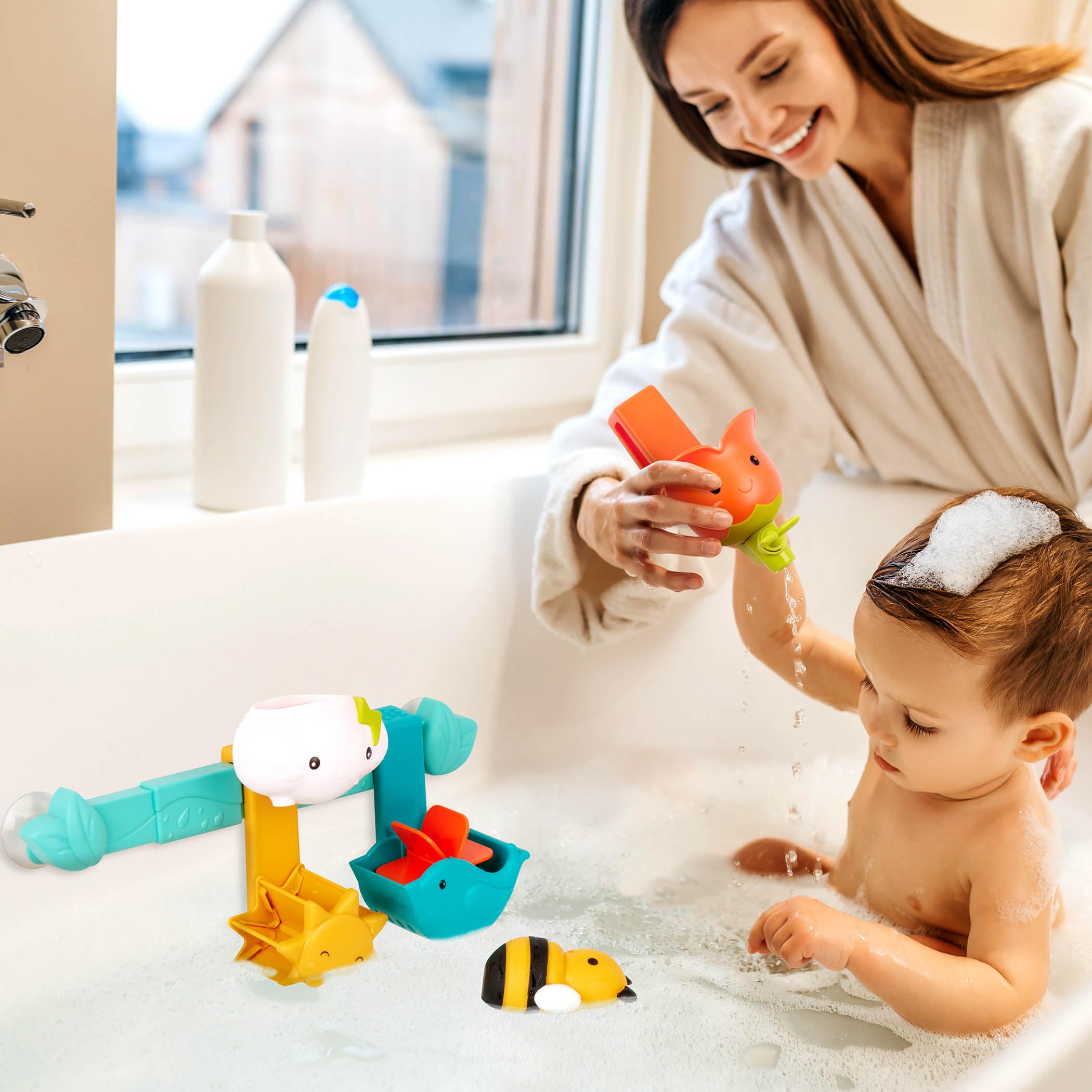 Battat Baby Bath Toy Bar with 6 Removable Pieces & 2 Suction Cups - Stacking & Sorting Bath Toys for Toddlers 12+ Months - Rain & Shine Bath Bar - Perfect for Bathtime Fun & Early Learning Development