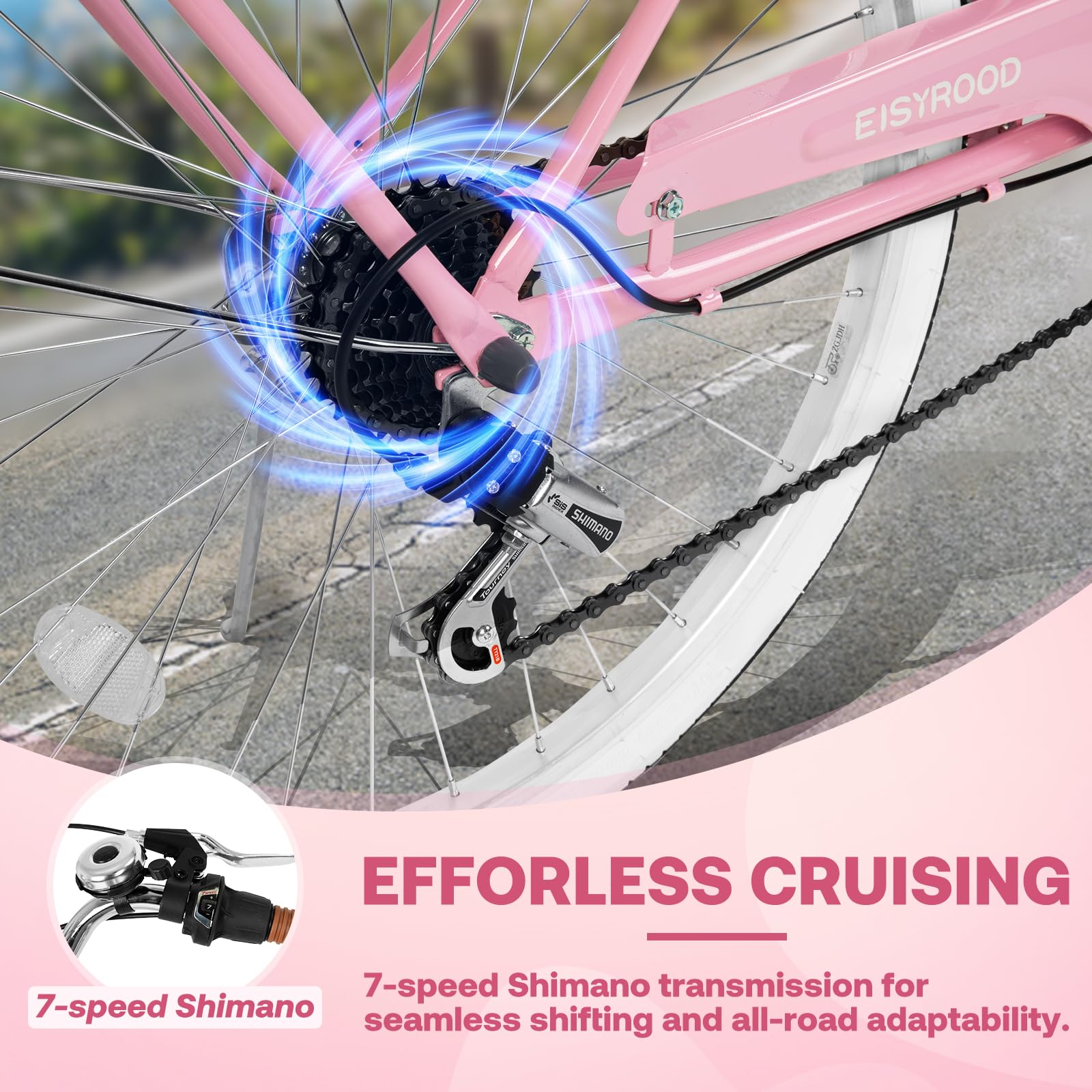 26 Inch Women's Beach Cruiser Bike - 7 Speed Hybrid Cruiser with Adjustable Seat & Anti-Skid Tires - Pink Double Bar Frame with Basket - Perfect for Coastal Rides, City Commuting & Leisure Cycling