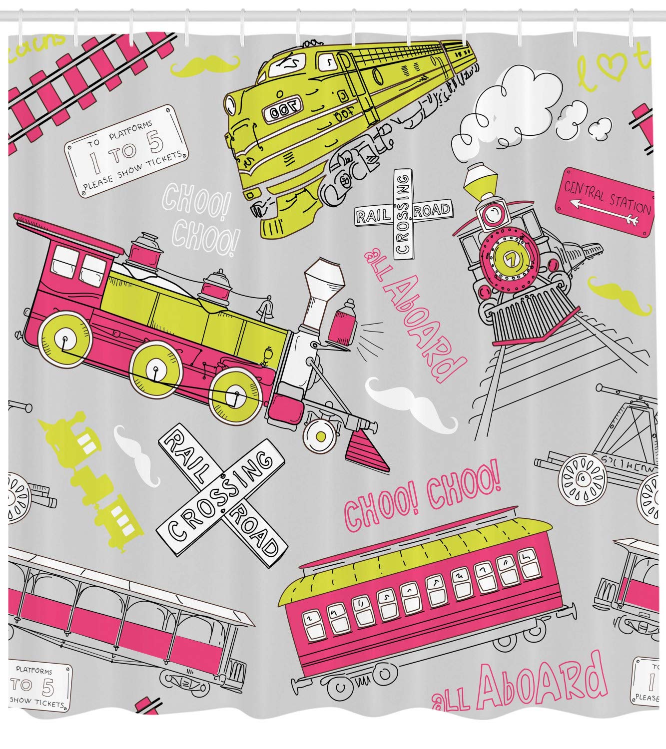 Ambesonne Train Shower Curtain - Vibrant Railway Station Artwork in Yellow Green & Hot Pink, 69x84 Inch Fabric Bathroom Decor with Hooks | Perfect for Kids' Rooms, Themed Bathrooms & Train Enthusiasts