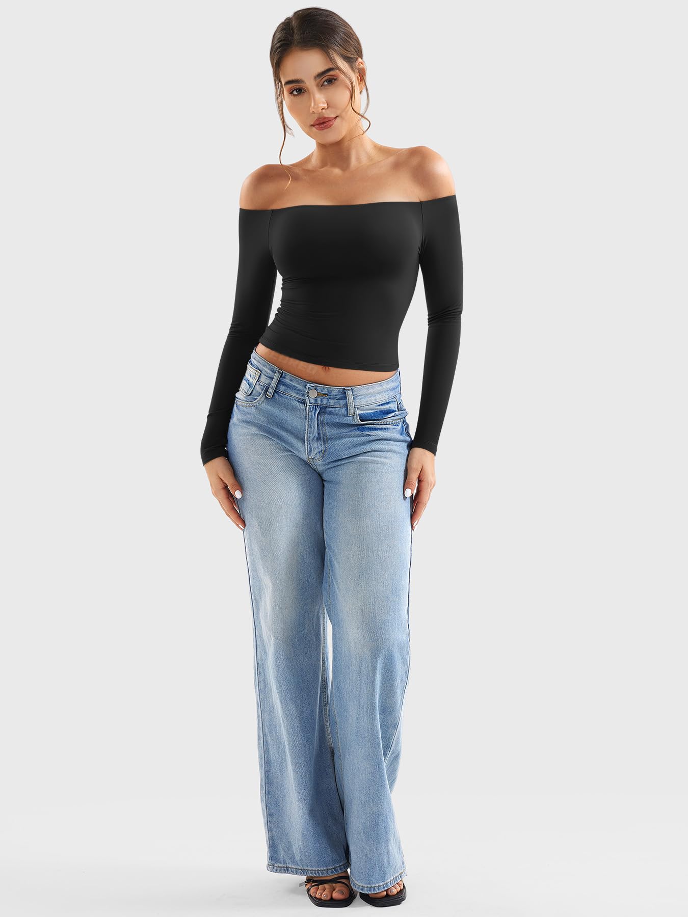YEOREO Sophie Women's Off Shoulder Long Sleeve Shirt - Double Lined Basic Undershirt for Y2K Fashion | Perfect for Going Out, Parties, and Casual Wear